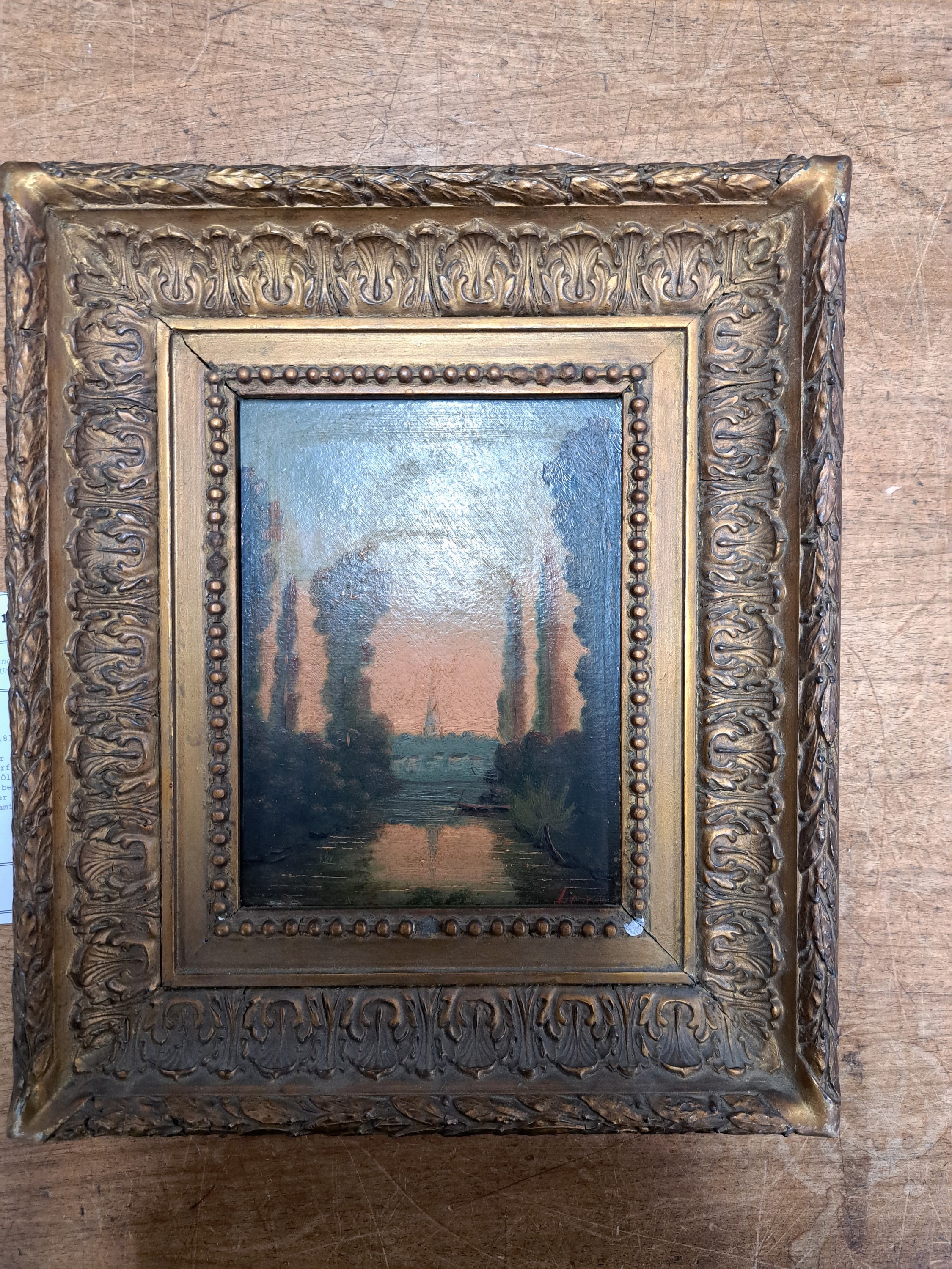 Detail a: Zuschreibung: Charles Leroux, 1814-1895 Nantes, Flusslandschaft bei Sonnenuntergang, sich im Wasser spiegelnder Kirchturm eines Dorfes, rechts unten ...