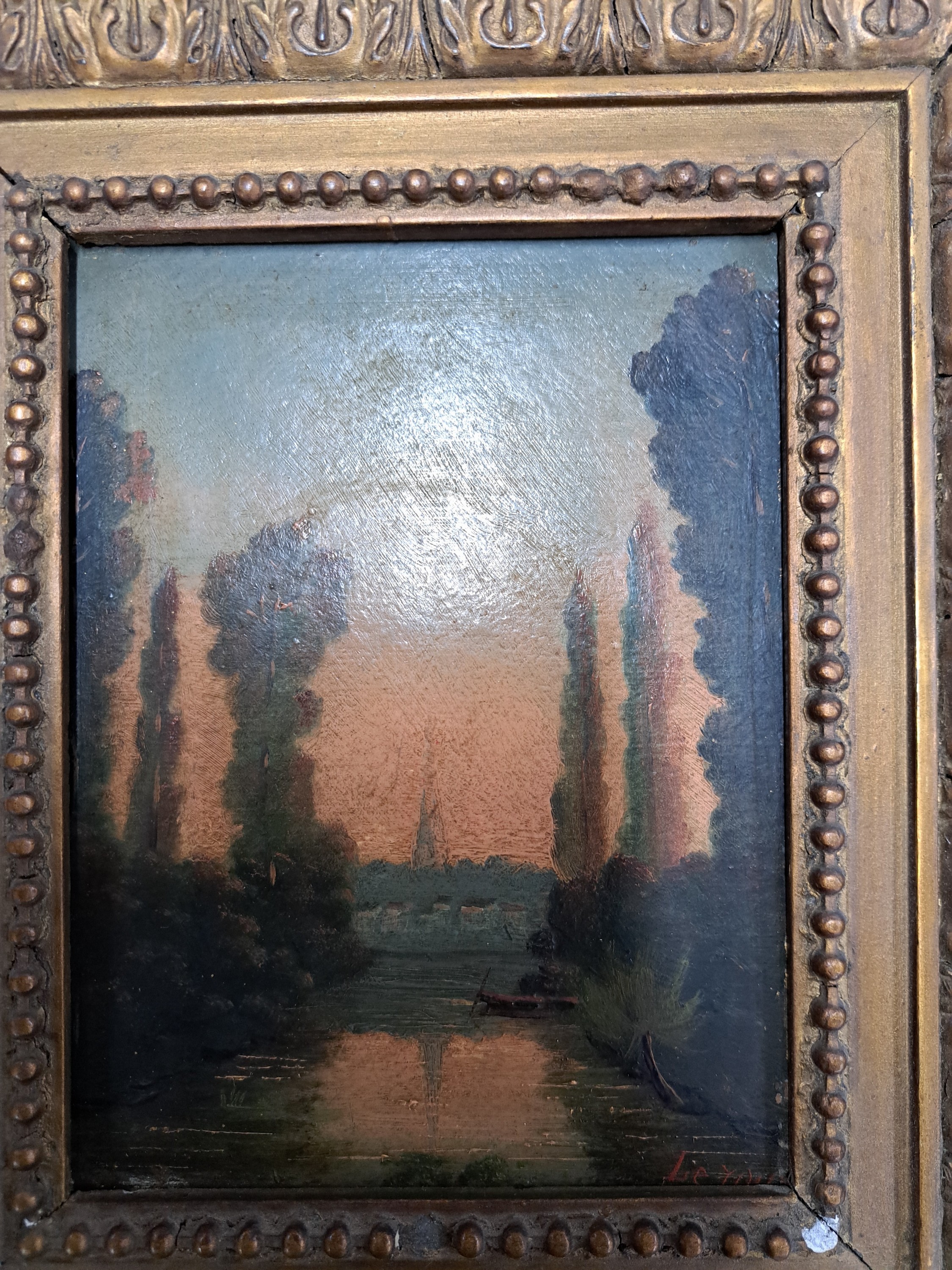 Detail b: Zuschreibung: Charles Leroux, 1814-1895 Nantes, Flusslandschaft bei Sonnenuntergang, sich im Wasser spiegelnder Kirchturm eines Dorfes, rechts unten ...
