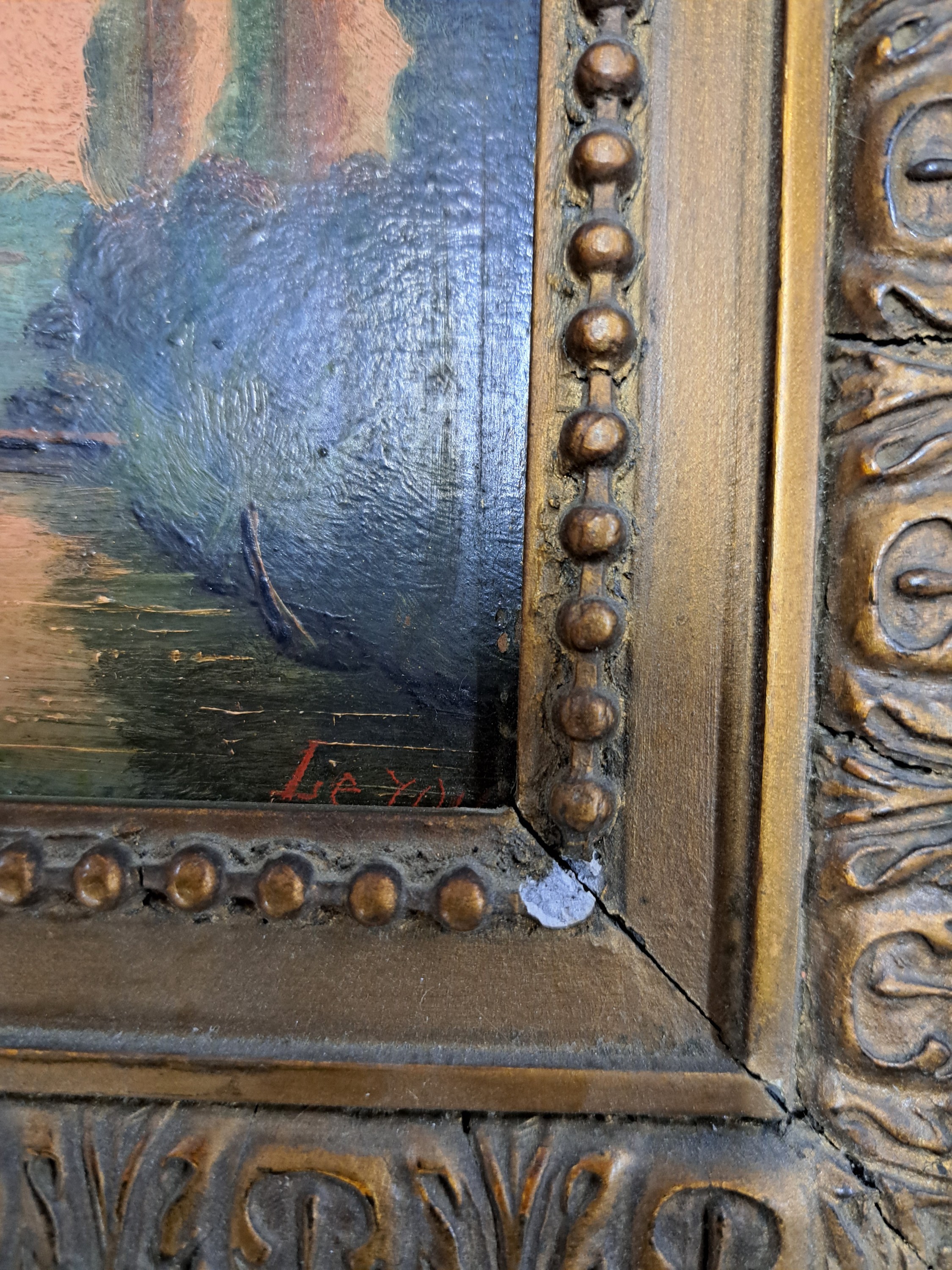 Detail c: Zuschreibung: Charles Leroux, 1814-1895 Nantes, Flusslandschaft bei Sonnenuntergang, sich im Wasser spiegelnder Kirchturm eines Dorfes, rechts unten ...