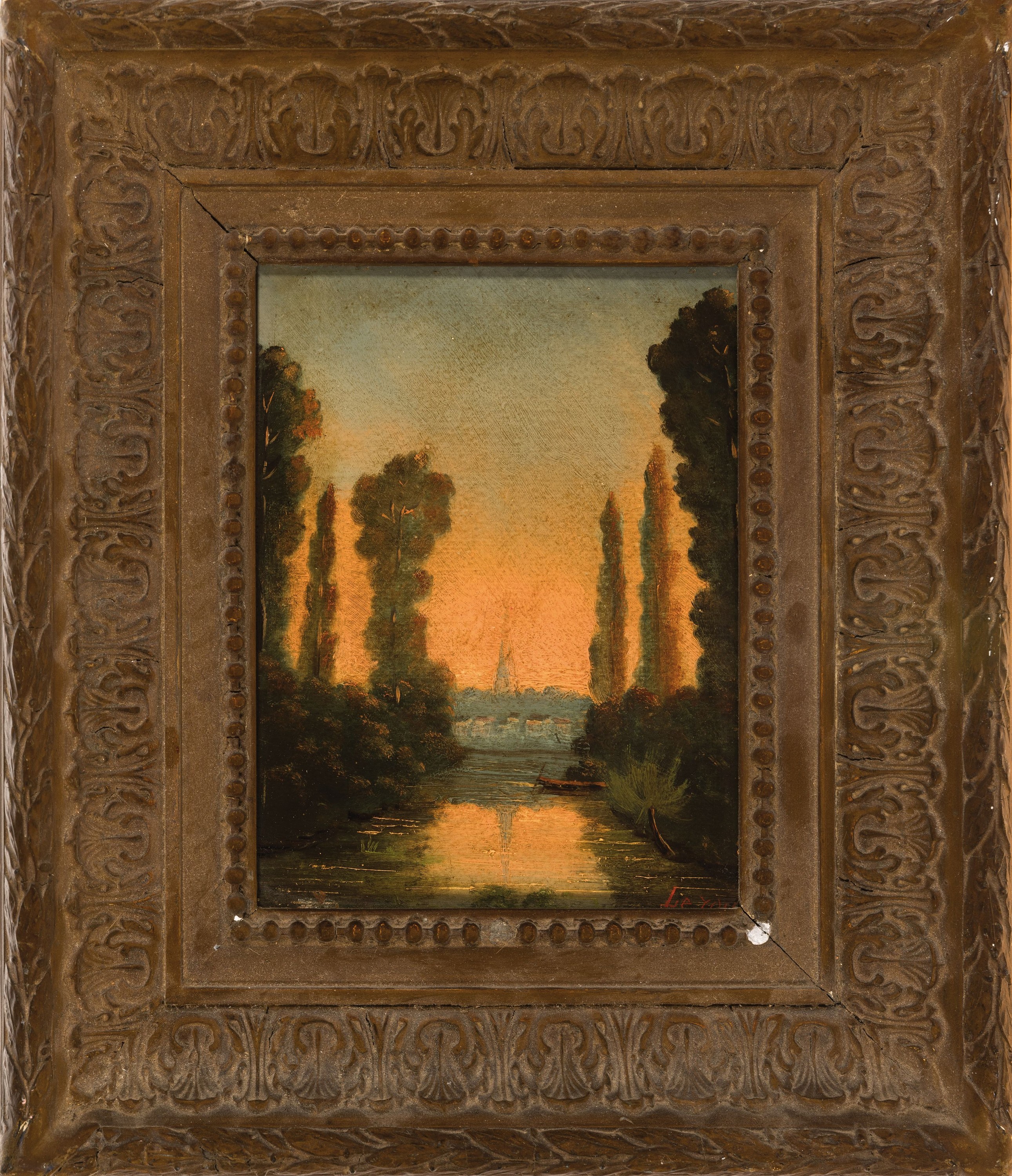Detail k: Zuschreibung: Charles Leroux, 1814-1895 Nantes, Flusslandschaft bei Sonnenuntergang, sich im Wasser spiegelnder Kirchturm eines Dorfes, rechts unten ...