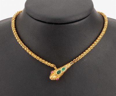 Image 18 kt gold emerald-ruby-snake collier, approx.1860 , YG 750/000, middle part as snake ...