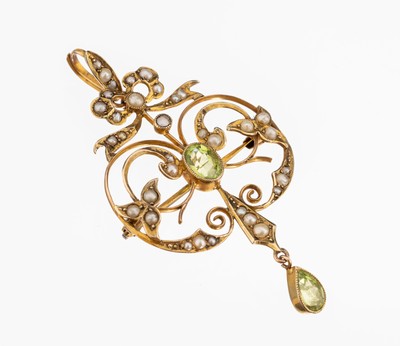 Image 9 kt Gold Peridot-Perl-Anhänger, um 1900, GG 375/000, England, feine geschwungene ...