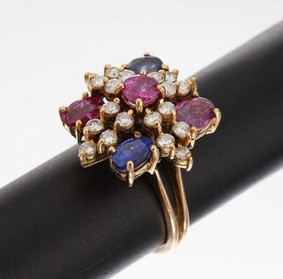 Image 18 kt gold ruby-sapphire-brilliant-ring , YG750/000, ring head in different levels, 3 ...