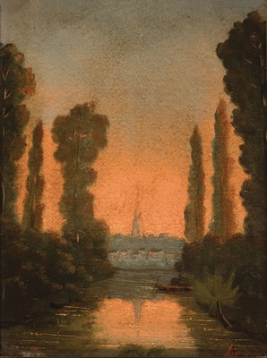 Image Attribution: Charles Leroux, 1814-1895 Nantes, river landscape at sunset, church tower ...