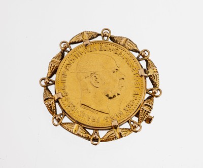 Image 14 kt gold coin-brooch , YG 585/000, 1950s, frame with swung elements, loose set gold ...