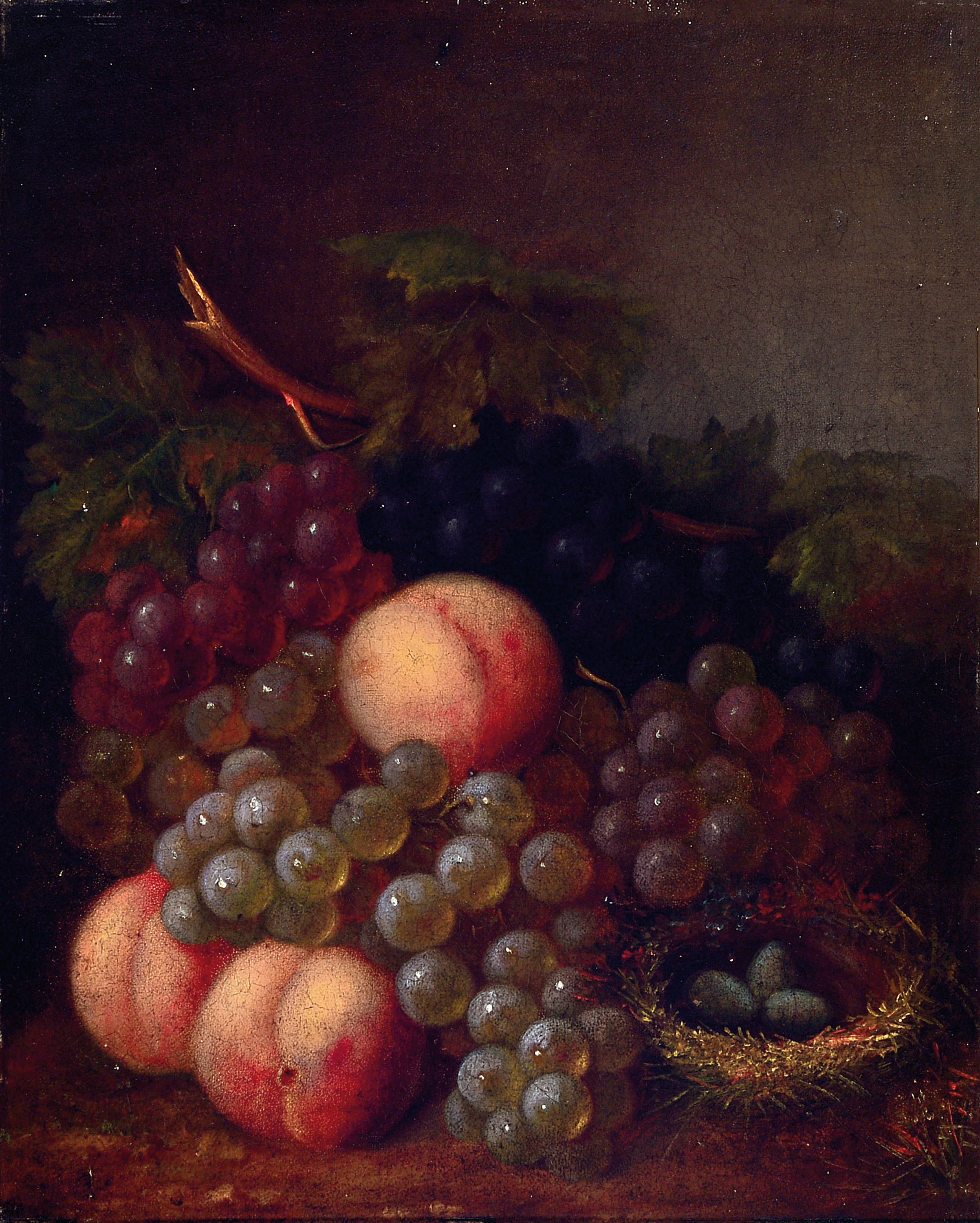 Unbekannter niederländischer Künstler, 18.Jh., Früchtestillleben mit Trauben, Pfirsischen und Wachteleiern, unsigniert, Öl/Karton, 33x26cm, ...