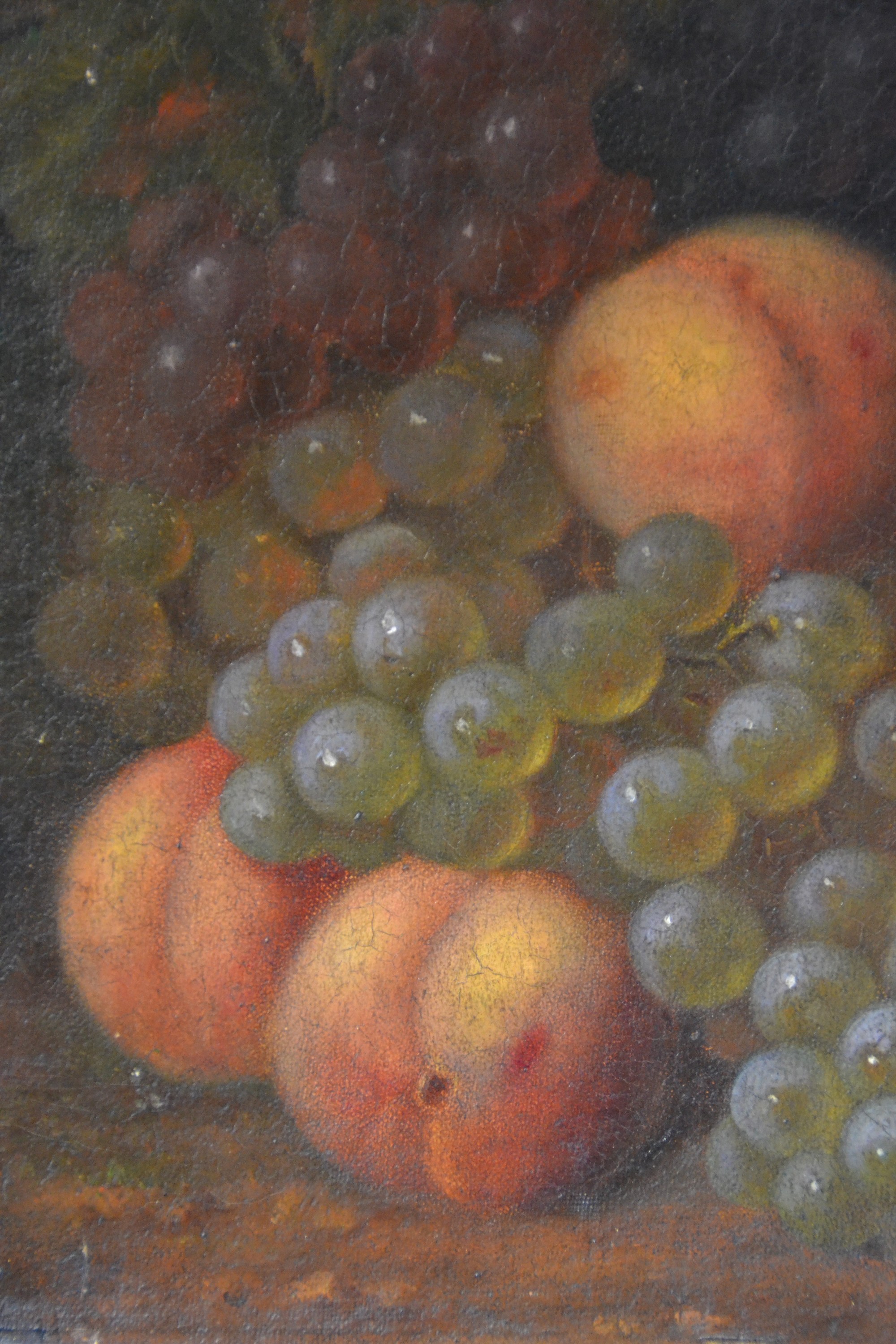 Detail c: Unbekannter niederländischer Künstler, 18.Jh., Früchtestillleben mit Trauben, Pfirsischen und Wachteleiern, unsigniert, Öl/Karton, 33x26cm, ...