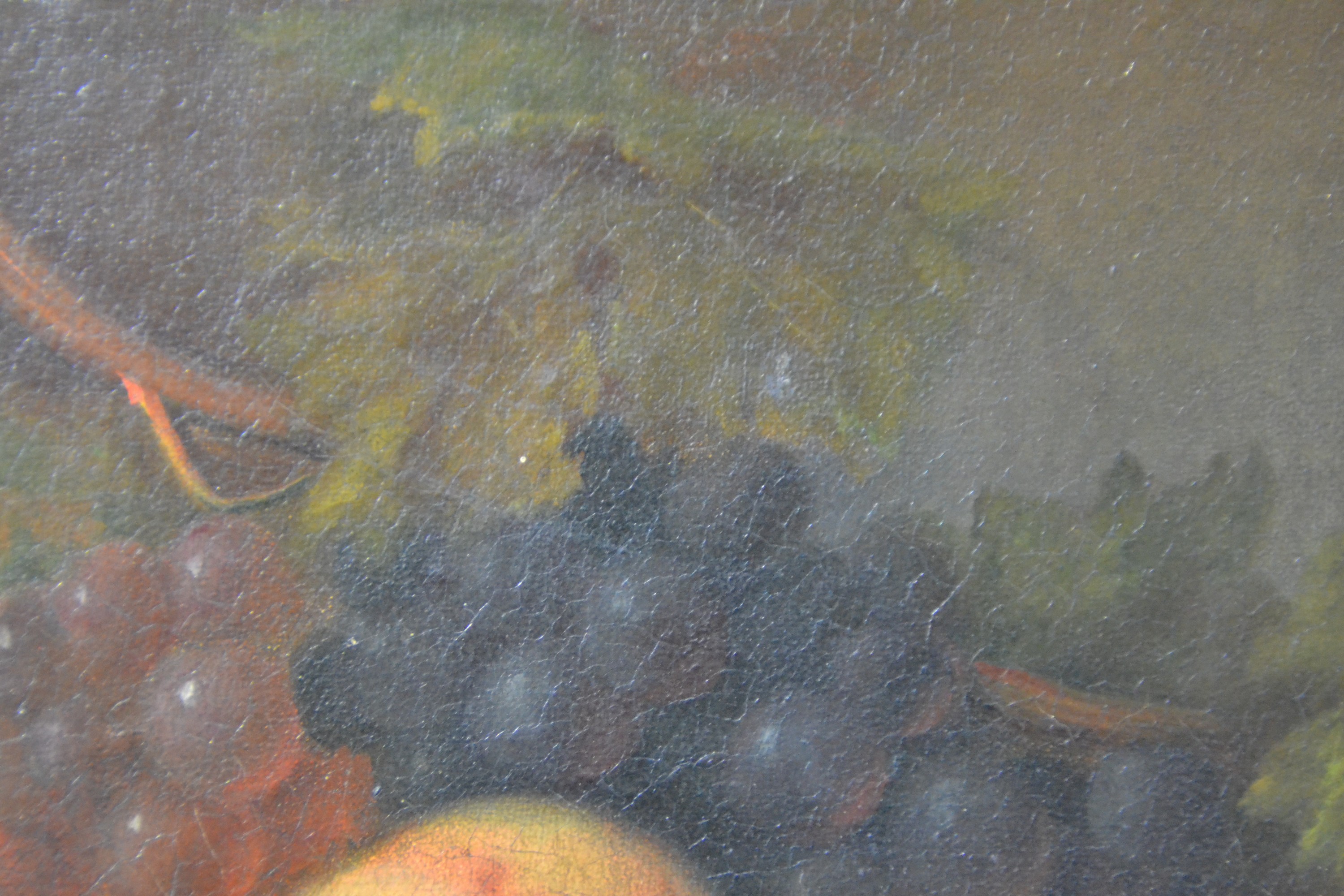 Detail d: Unbekannter niederländischer Künstler, 18.Jh., Früchtestillleben mit Trauben, Pfirsischen und Wachteleiern, unsigniert, Öl/Karton, 33x26cm, ...