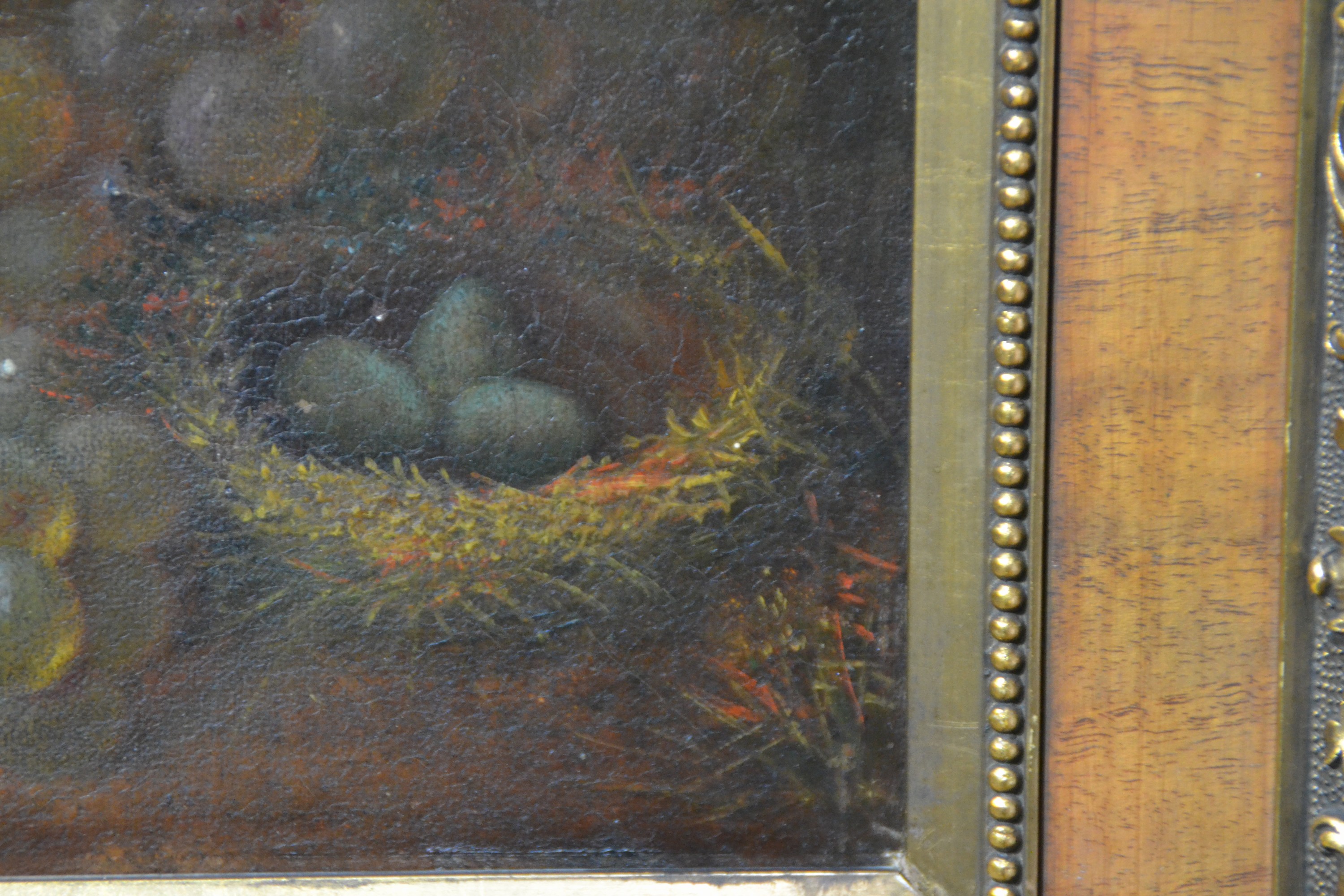 Detail e: Unbekannter niederländischer Künstler, 18.Jh., Früchtestillleben mit Trauben, Pfirsischen und Wachteleiern, unsigniert, Öl/Karton, 33x26cm, ...