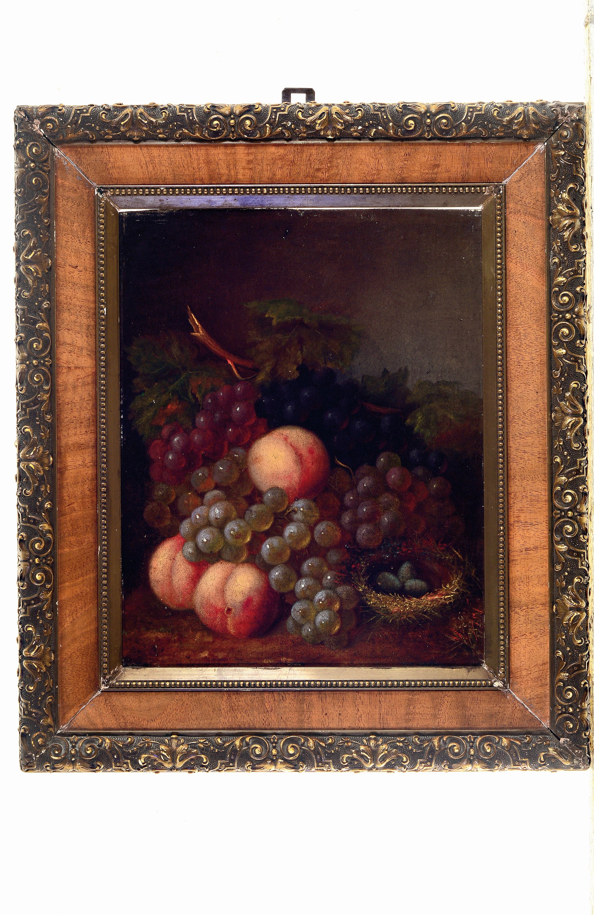 Detail k: Unbekannter niederländischer Künstler, 18.Jh., Früchtestillleben mit Trauben, Pfirsischen und Wachteleiern, unsigniert, Öl/Karton, 33x26cm, ...