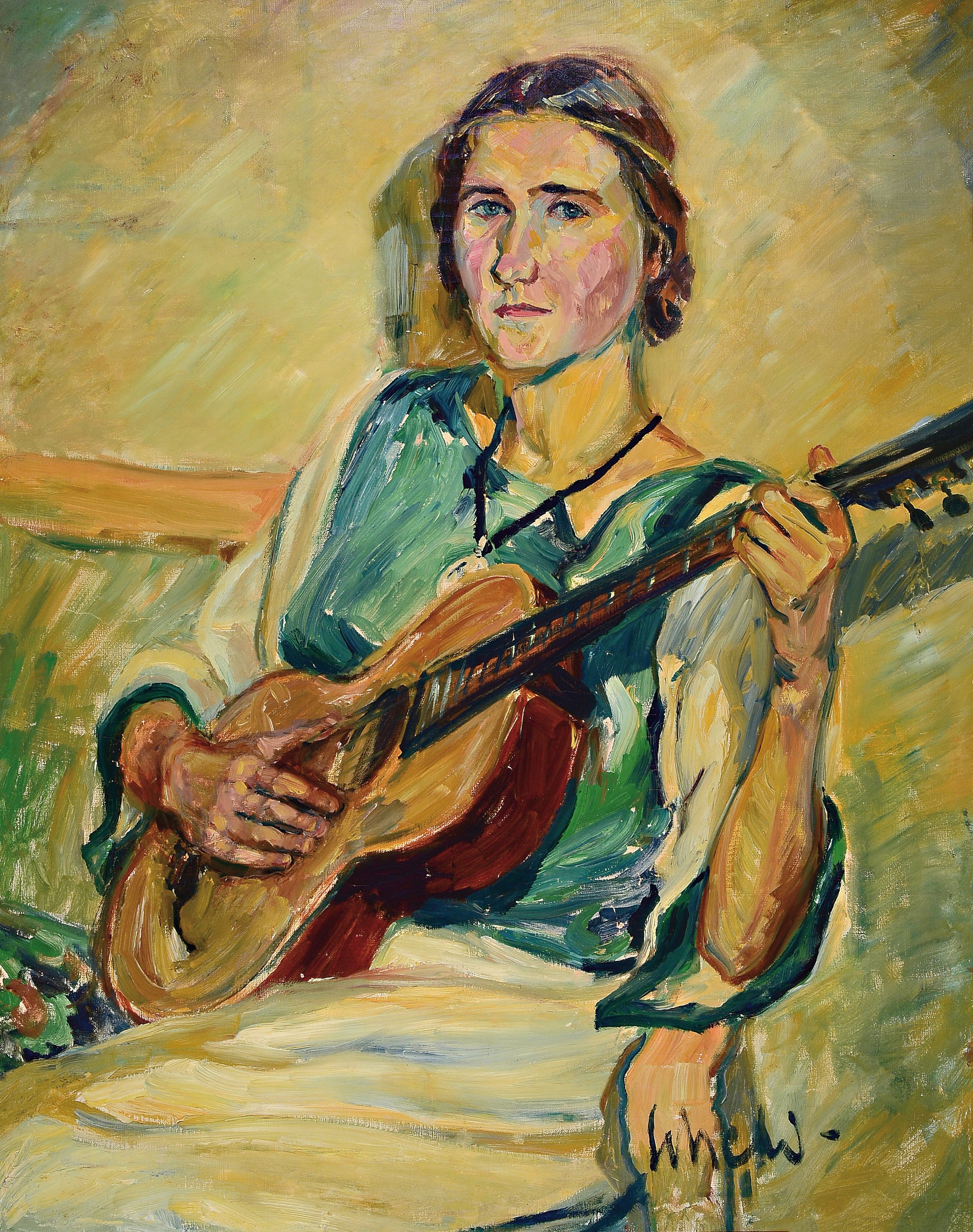 Karl Scheld, 1895 Lich/Oberhessen-1936 Darmstadt, Porträt der Schwester des Künstlers Dr. Berta Scheld (1887-1945) mit Gitarre, rechts unten ...
