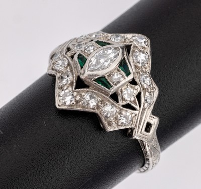 Image Iridium Platinum Art-Deco diamond-emerald-ring , 1930s, ring head fret work, 1 diamond ...