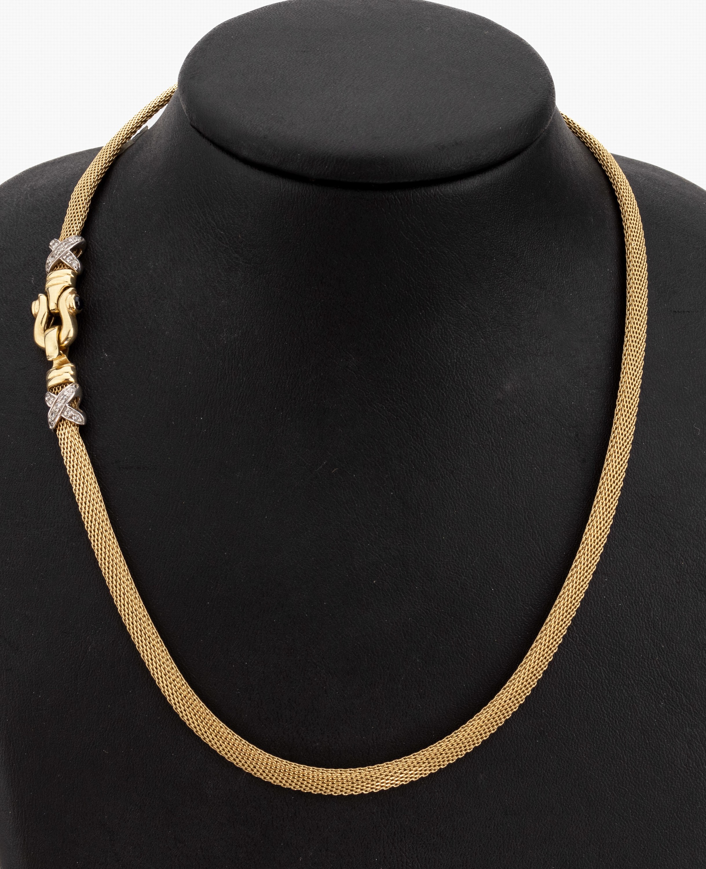 14 kt Gold Collier, GG 585/000, Klappverschluss mit 2 kreuzf. WG-Zierelementen mit Diamantimitationen, L. ca. 44 cm, ca. 19.2 g