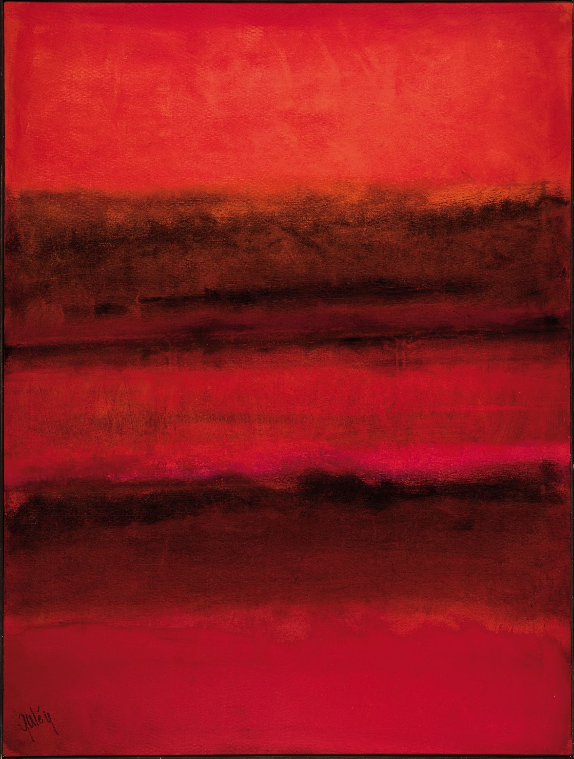 Gaston Gale, geb. 1978, ist ein zeitgenössischer belgischer Künstler, Öl/Lwd, abstrakte Komposition in Rot, Leiste, ca. 103x80 cm