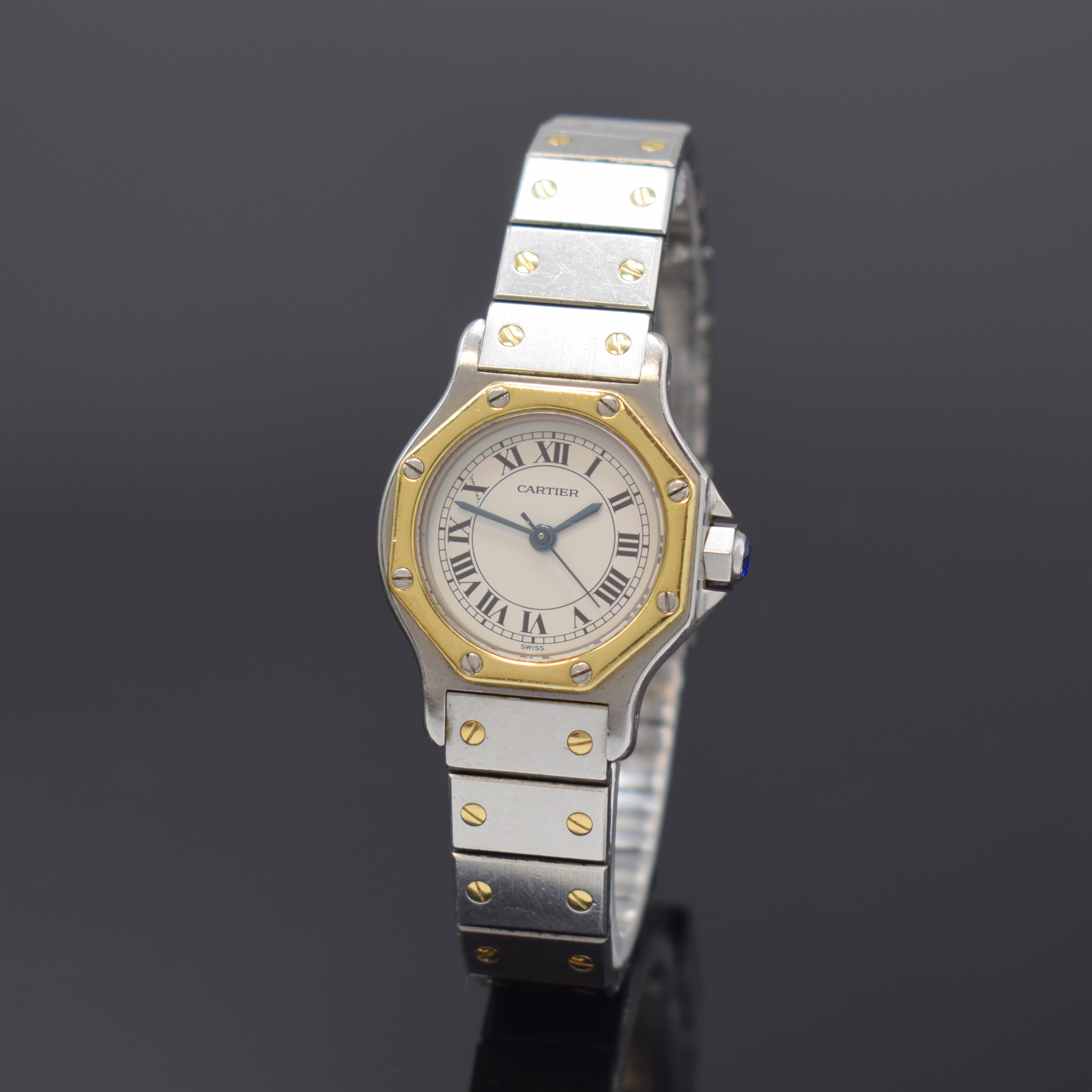 CARTIER Damenarmbanduhr Santos Ronde, Schweiz um 1995, Automatik, Edelstahl/Gold kombiniert inkl. Gliederband m. Faltschl., octagonale Goldlünette ...