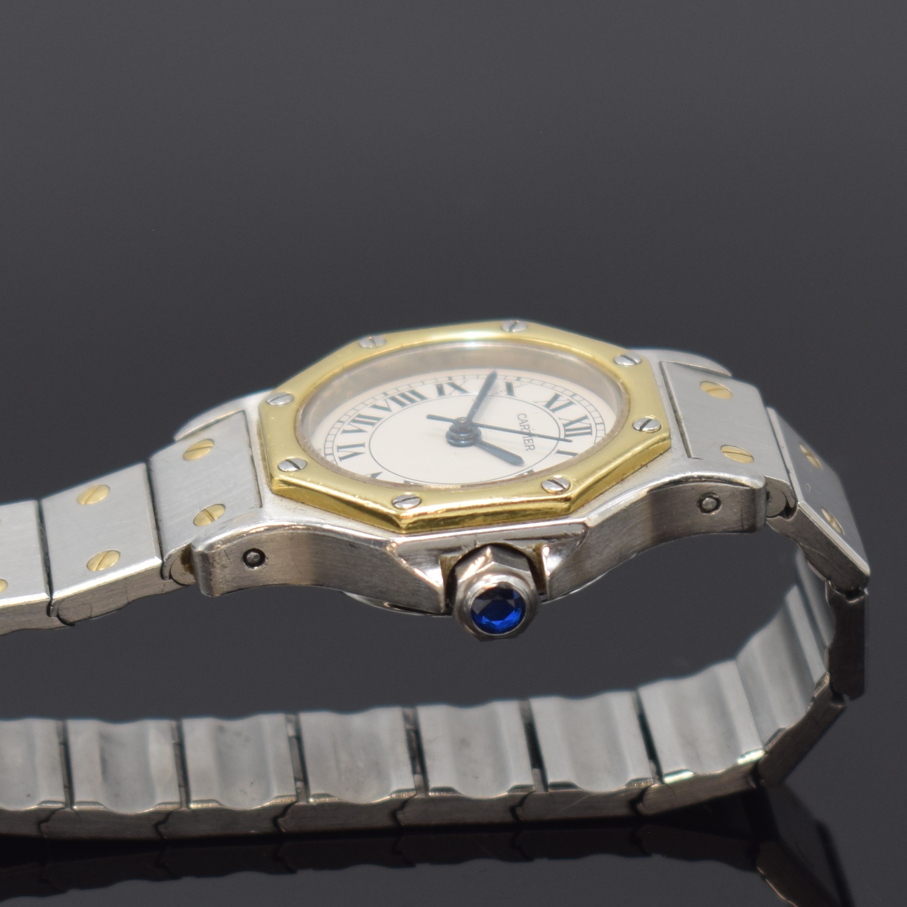 Detail c: CARTIER Damenarmbanduhr Santos Ronde, Schweiz um 1995, Automatik, Edelstahl/Gold kombiniert inkl. Gliederband m. Faltschl., octagonale Goldlünette ...