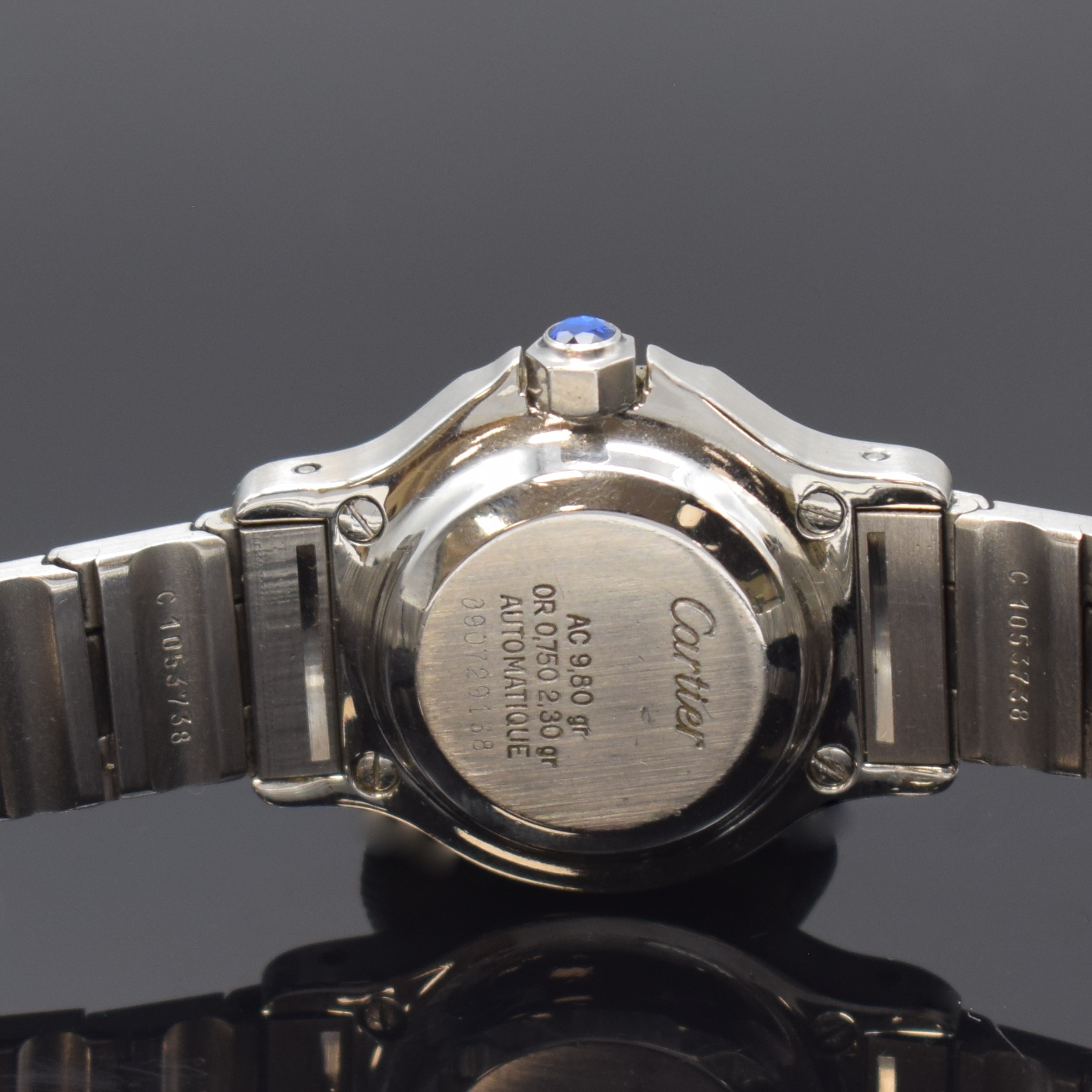 Detail d: CARTIER Damenarmbanduhr Santos Ronde, Schweiz um 1995, Automatik, Edelstahl/Gold kombiniert inkl. Gliederband m. Faltschl., octagonale Goldlünette ...