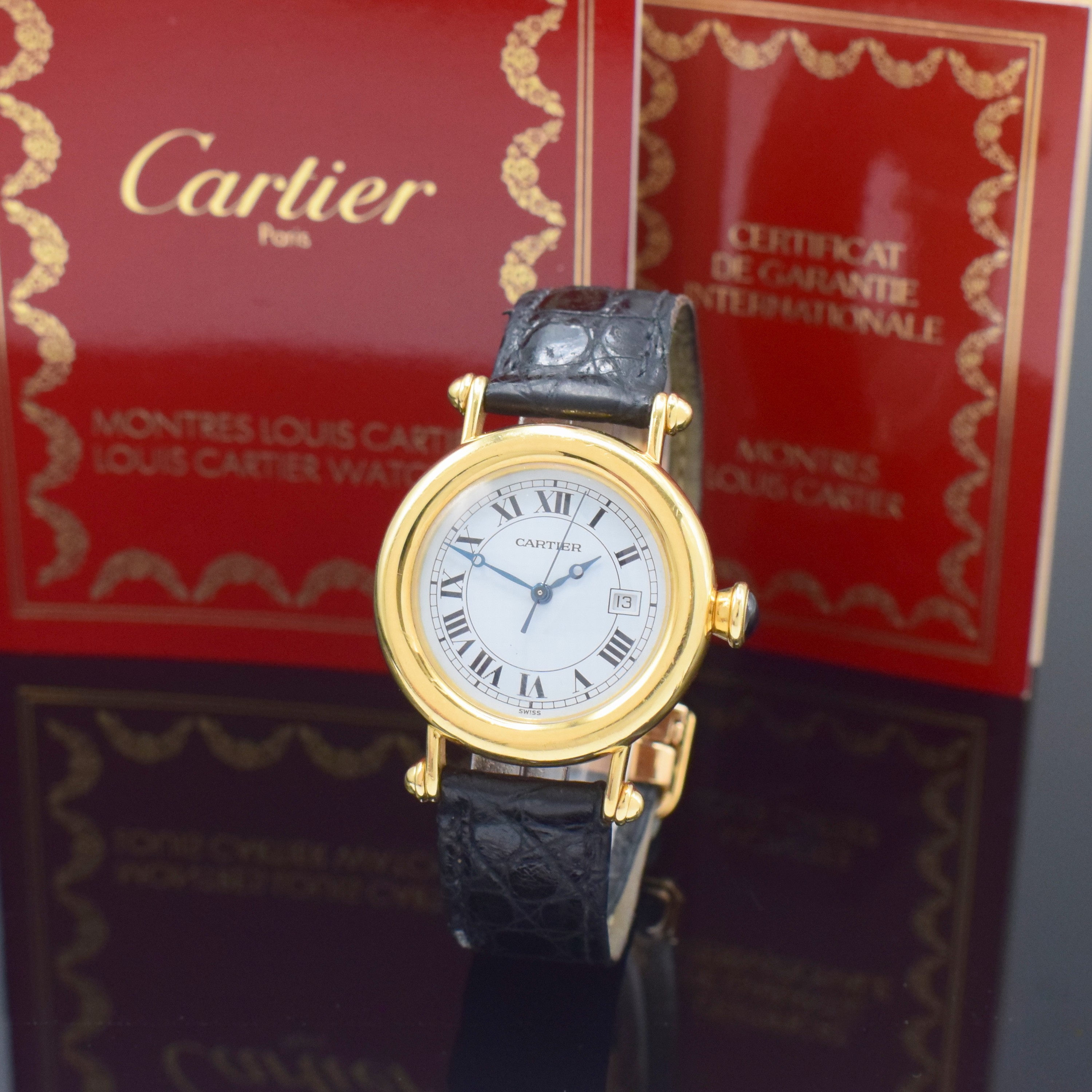 CARTIER Damenarmbanduhr Diabolo in GG 750/000 Referenz 1420, Schweiz verk. lt. beil. Pap. 11/1994, quarz, inkl. orig. Lederband m. orig. 18k Gold ...