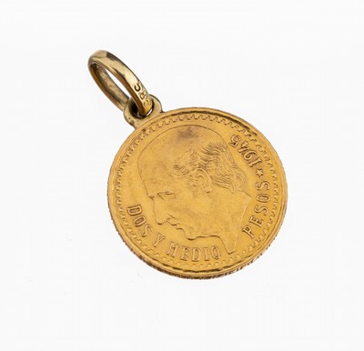 Image 14 kt gold coin pendant , DOS Y MEDIO PESOS,Mexico 1945, with lug