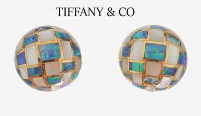 Image Pair of 18 kt gold Vintage TIFFANY & Co opal- mother of pearl-ear clips , YG ...