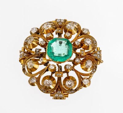 Image 14 kt gold emerald-diamond-brooch , approx. 1860, YG 585/000, high quality workmanship, ...