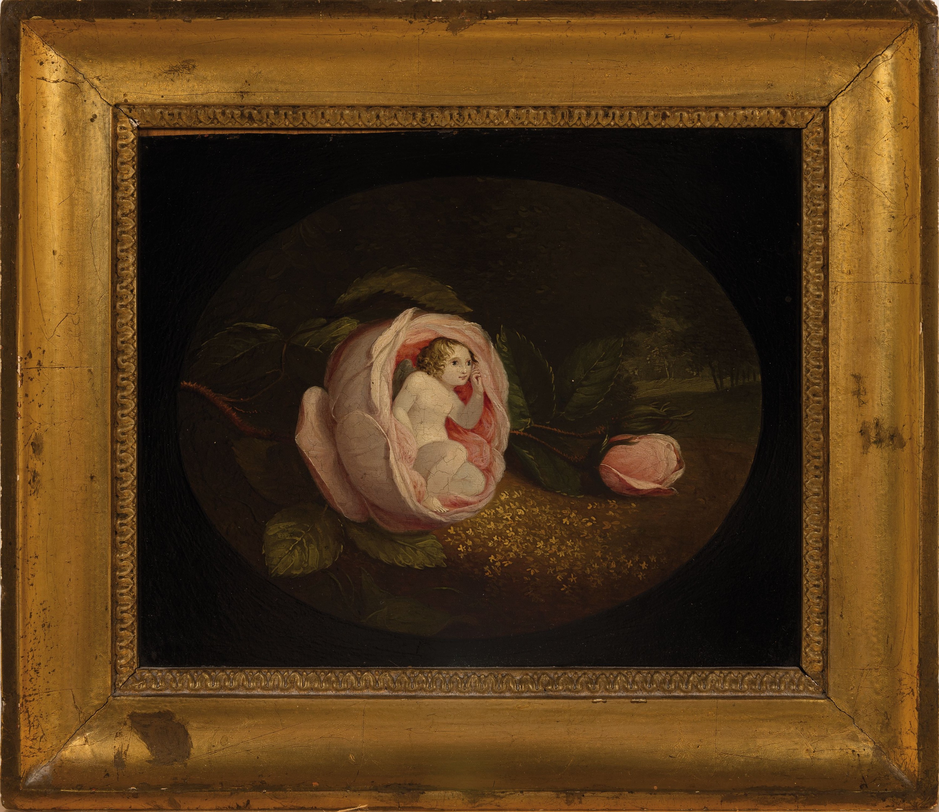 Detail k: Ungedeuteter Künstler des 18.Jh., Elfe in Rosenblüte vor Waldlichtung, Ausschnitt im Oval, Öl/Holz, verso sekundär bezeichnet "Jaques ...