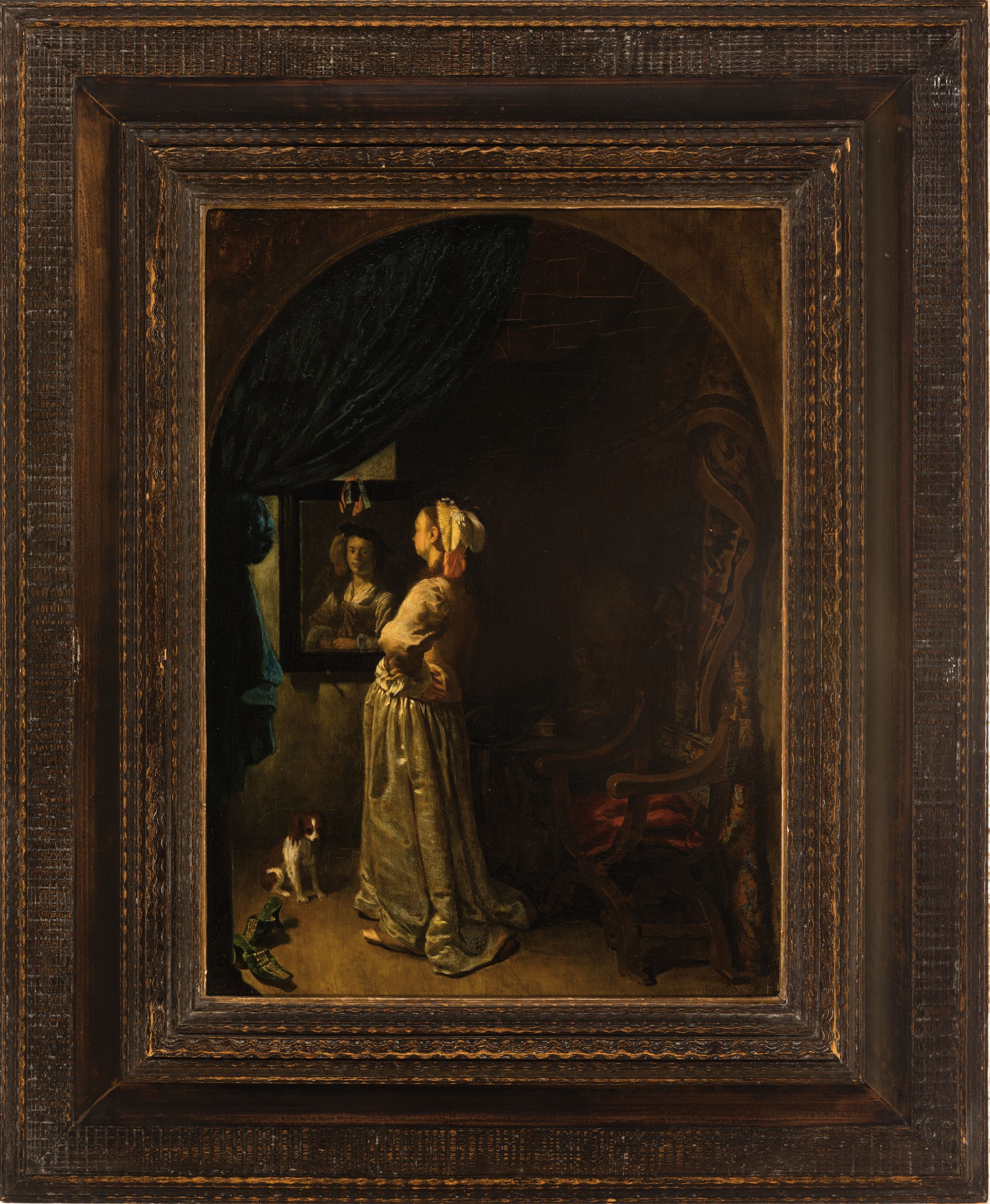 Detail k: Unbekannter Kopist nach Frans van Mieris (1635-1681): Dame vor dem Spiegel, 19.Jh., Öl/Holz, nach dem Original von 1670 (Alte Pinakothek München), ...