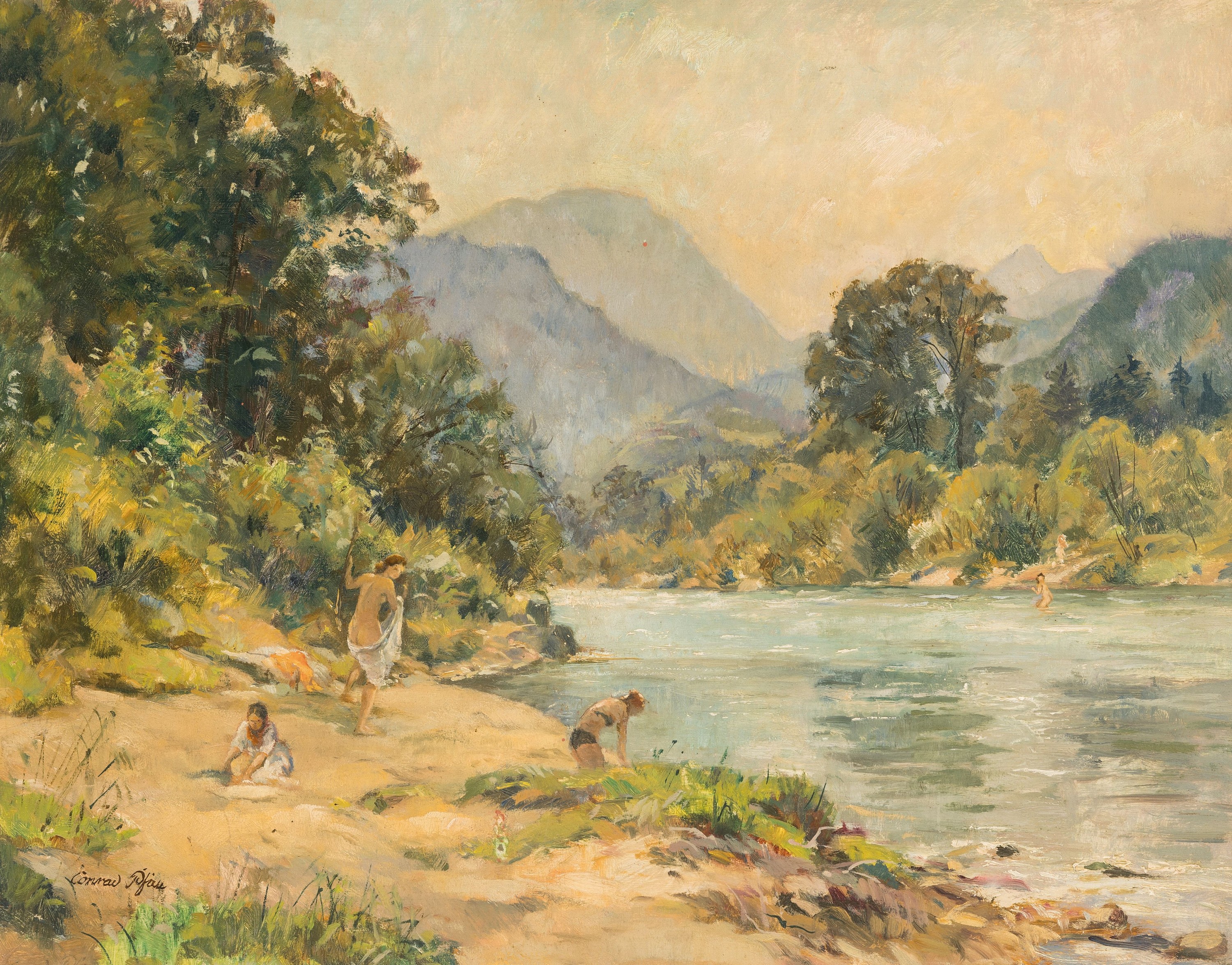 Conrad Pfau, 1885 Wimpfen/Neckar - 1954 München, Badende am Flu? in Vorgebirgslandschaft, Öl/Masonit, links unten signiert, 48x59 cm, Rahmen 63x74 ...
