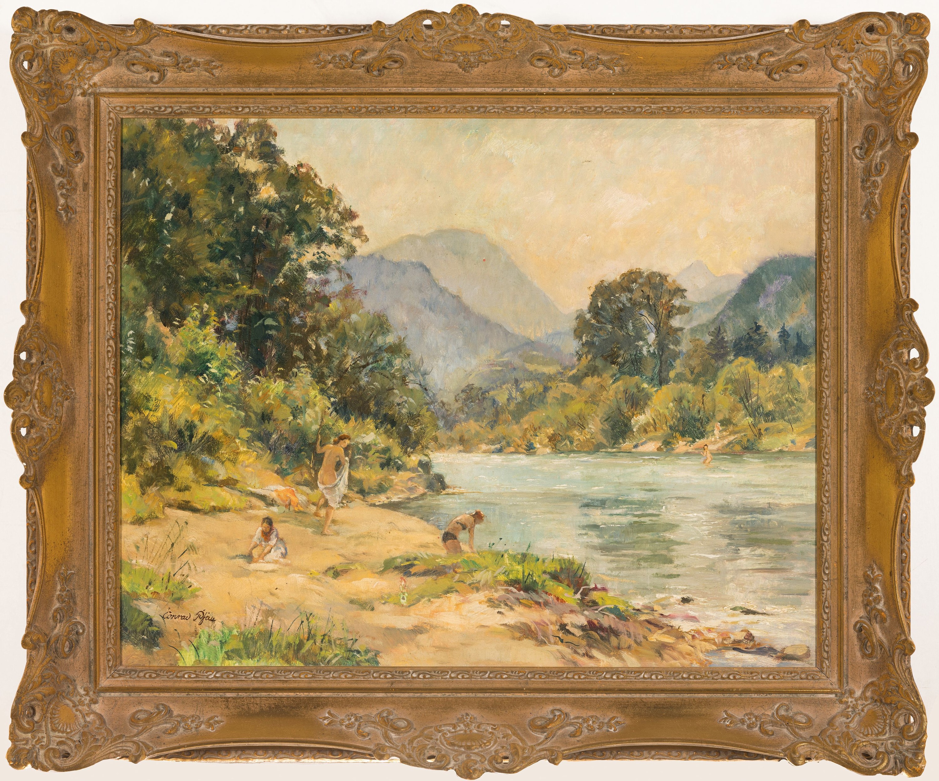 Detail k: Conrad Pfau, 1885 Wimpfen/Neckar - 1954 München, Badende am Flu? in Vorgebirgslandschaft, Öl/Masonit, links unten signiert, 48x59 cm, Rahmen 63x74 ...