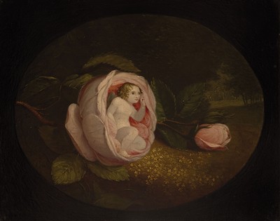 Image Unidentified artist of the 18th century, elf in rose blossom in front of a forest ...