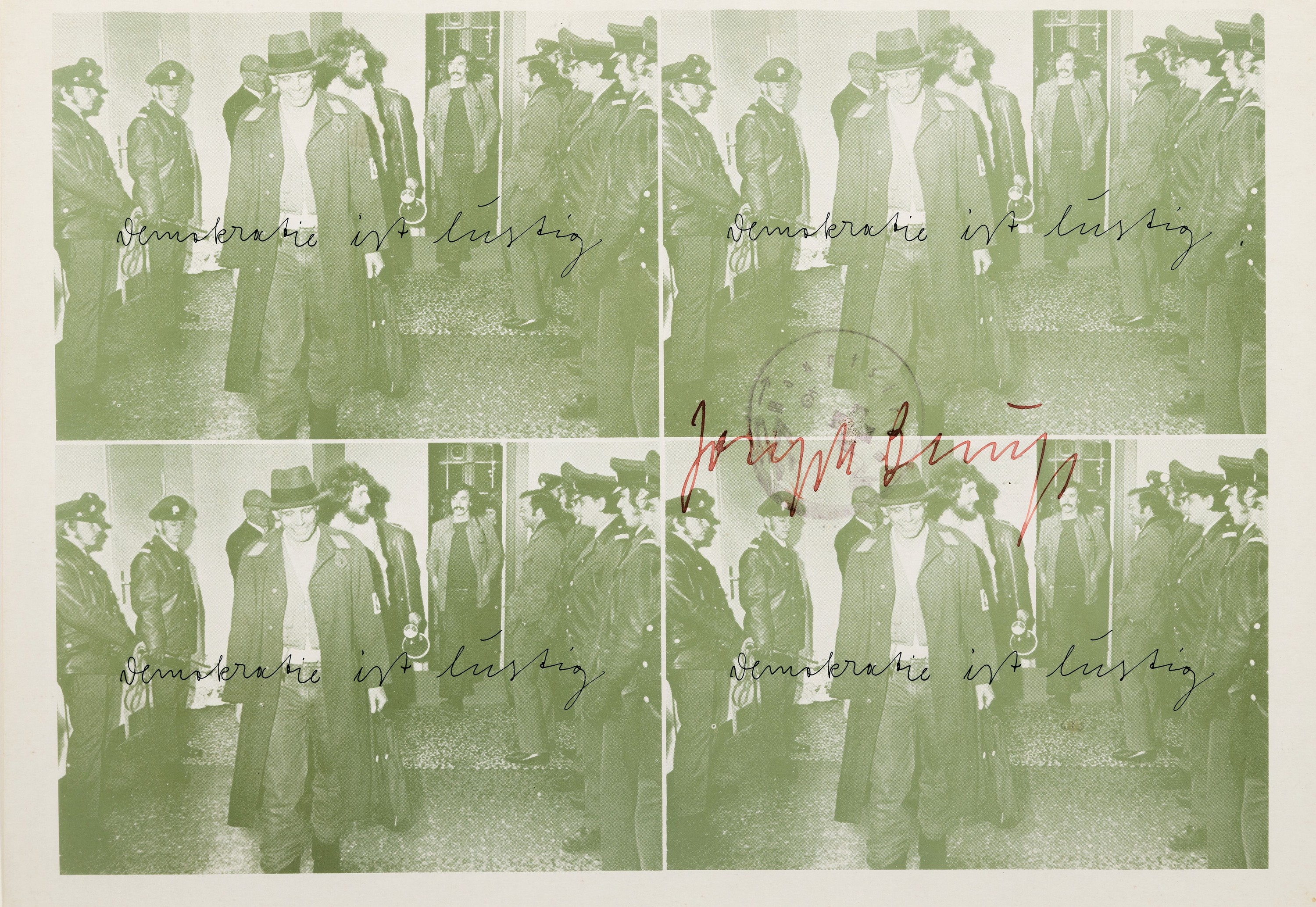 Joseph Beuys, 1921 Krefeld-1986 Düsseldorf, 4x "Demokratie ist lustig", Offset auf Karton,mittig gestempelt und signiert in rot, Blatt ...