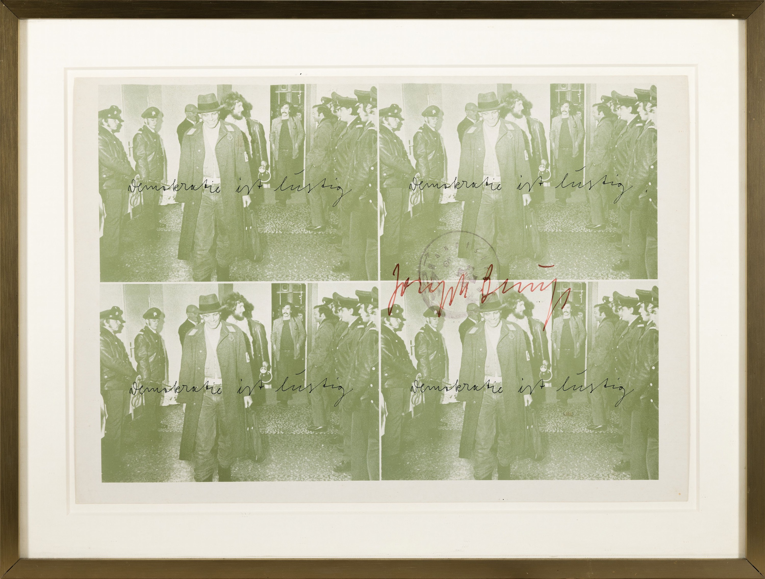 Detail k: Joseph Beuys, 1921 Krefeld-1986 Düsseldorf, 4x "Demokratie ist lustig", Offset auf Karton,mittig gestempelt und signiert in rot, Blatt ...