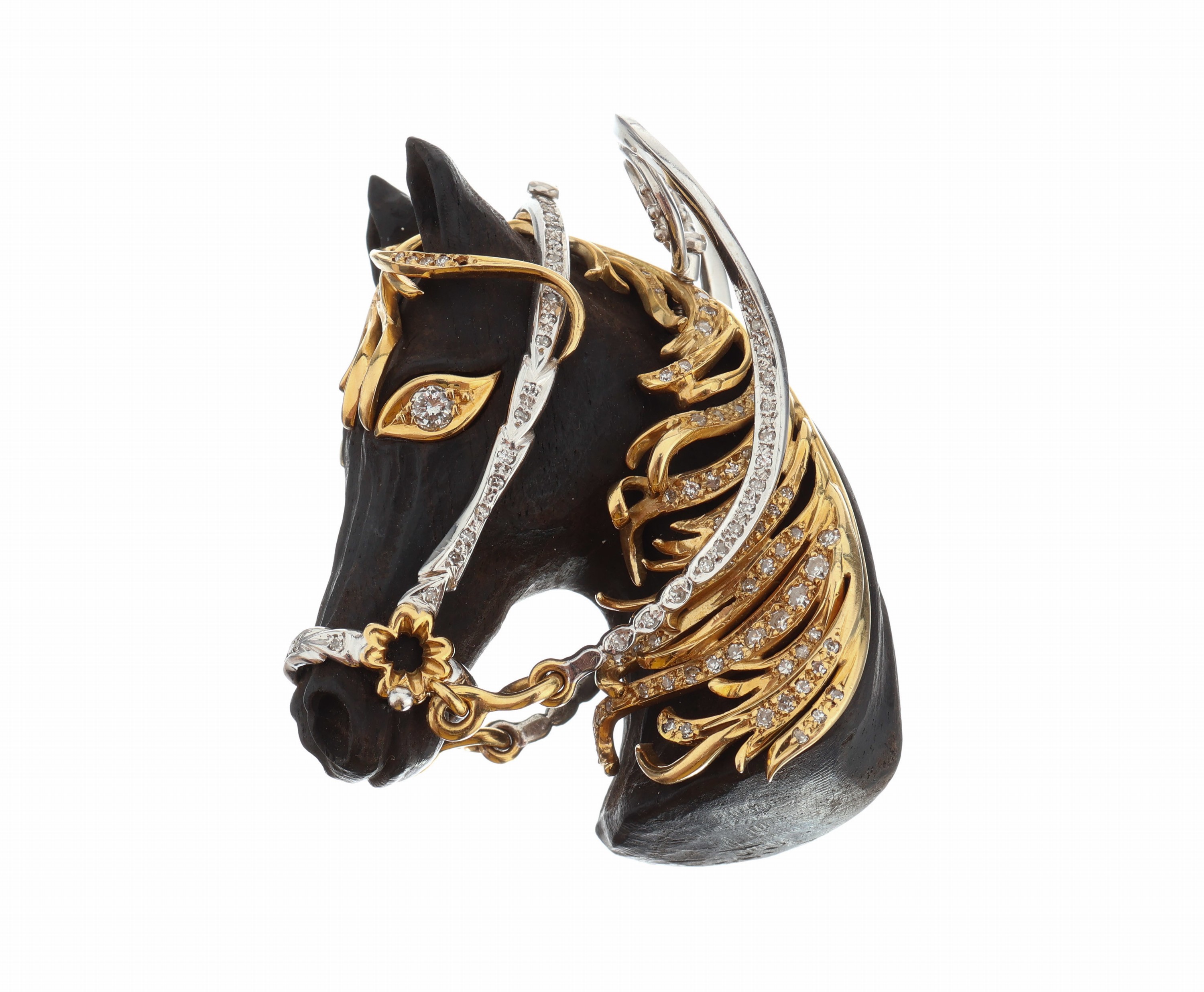 Aussergewöhnlicher 18 kt Gold Diamant-Anhänger "Pferd", GG/WG 750/000, Pferdekopf vollpl. aus Ebenholz geschnitzt, Zaumzeug WG, Mähne ...