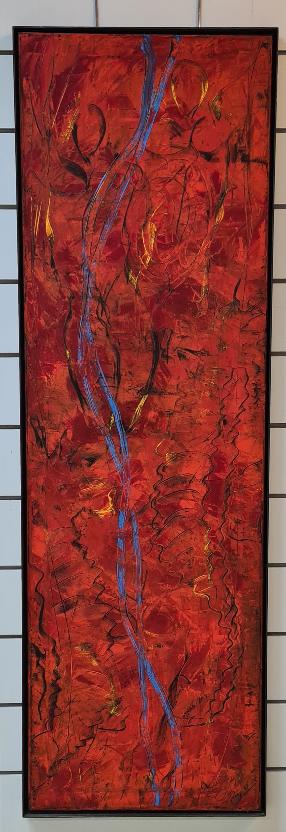 Dietmar Brixy, geb. 1961 Mannheim, Komposition in rot, signiert und datiert 2000,Öl/Nessel, Schattenfugenrahmen aus Metall, 163x52 cm
