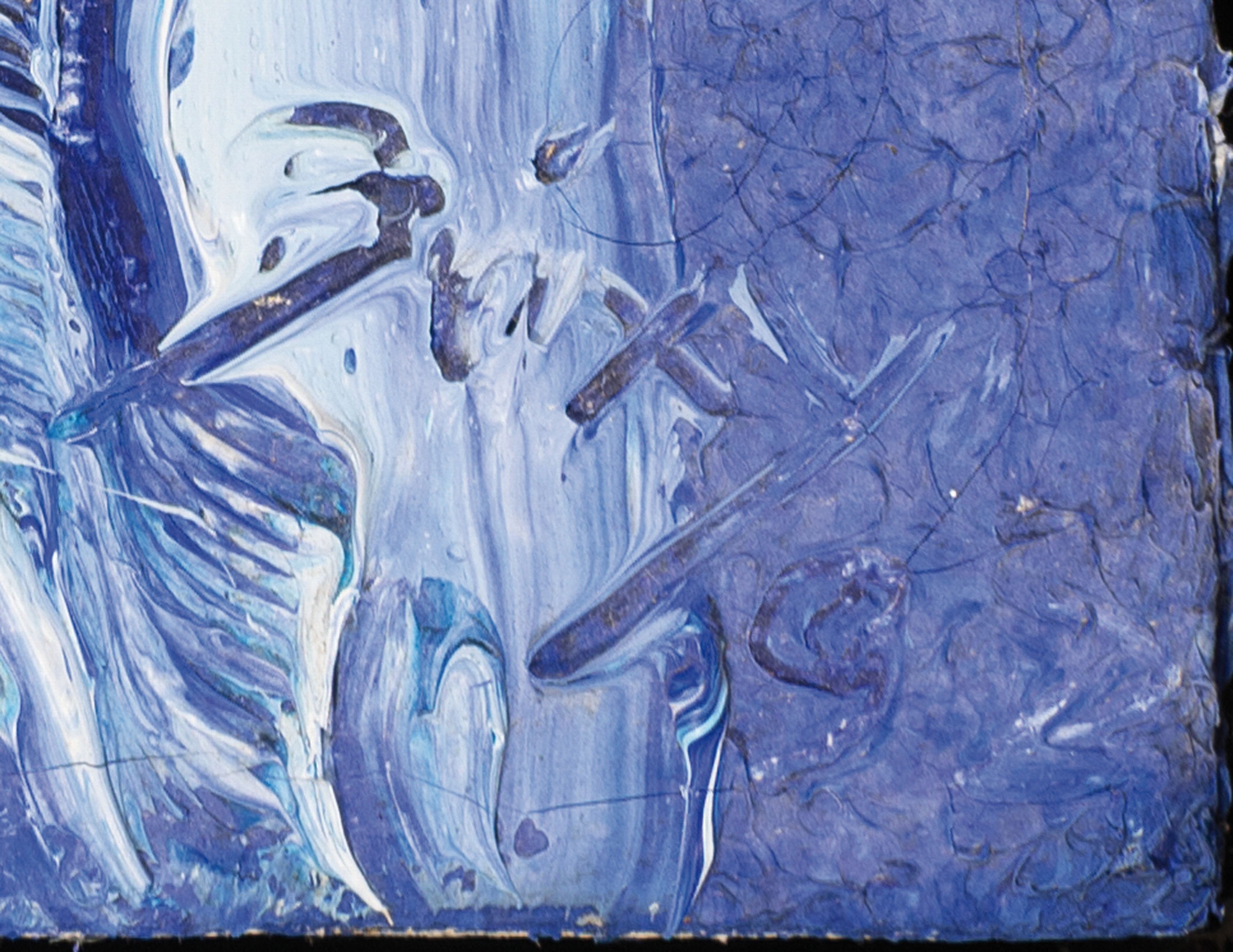 Detail a: Dietmar Brixy, geb. 1961 Mannheim, Komposition in blau, menschliche Figur und Muschel, rechts unten signiert, 1990er-Jahre, Öl/Nessel, ...