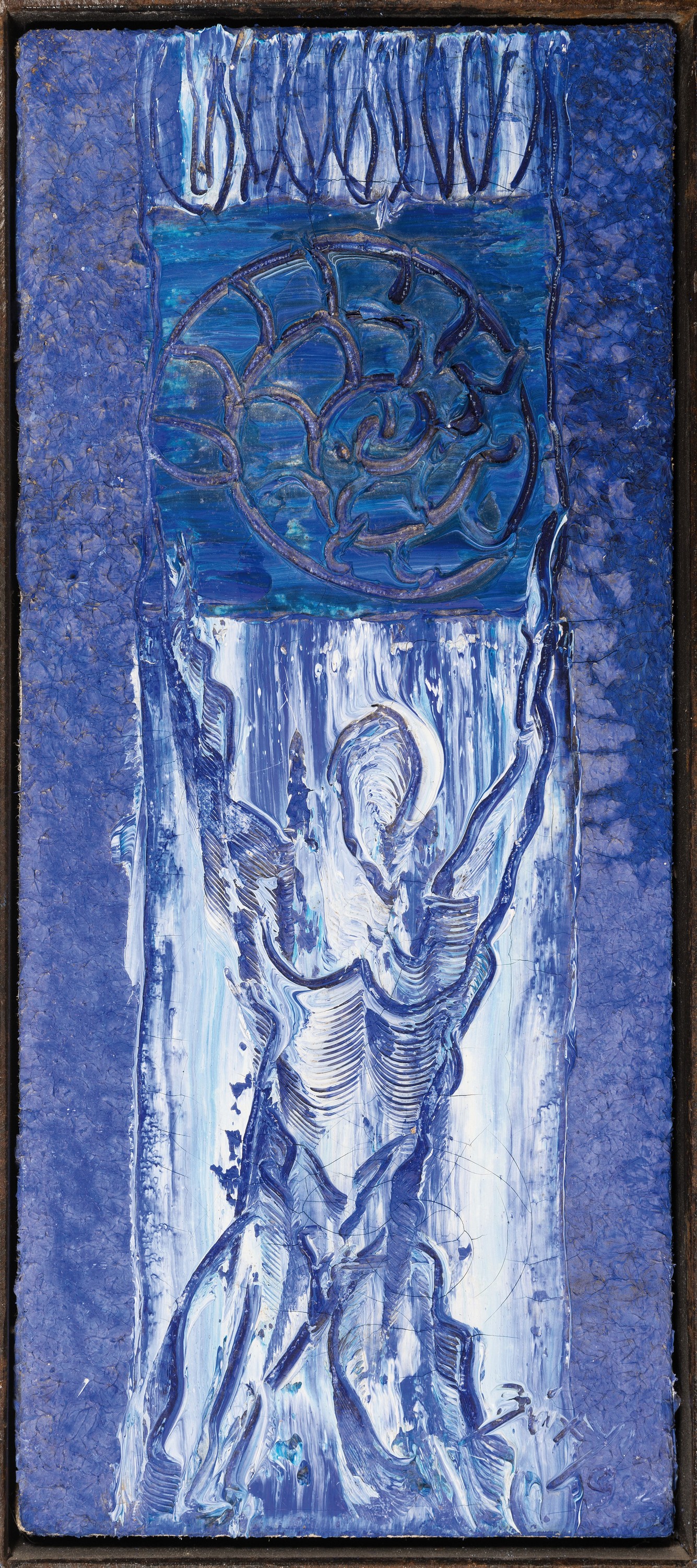 Detail k: Dietmar Brixy, geb. 1961 Mannheim, Komposition in blau, menschliche Figur und Muschel, rechts unten signiert, 1990er-Jahre, Öl/Nessel, ...
