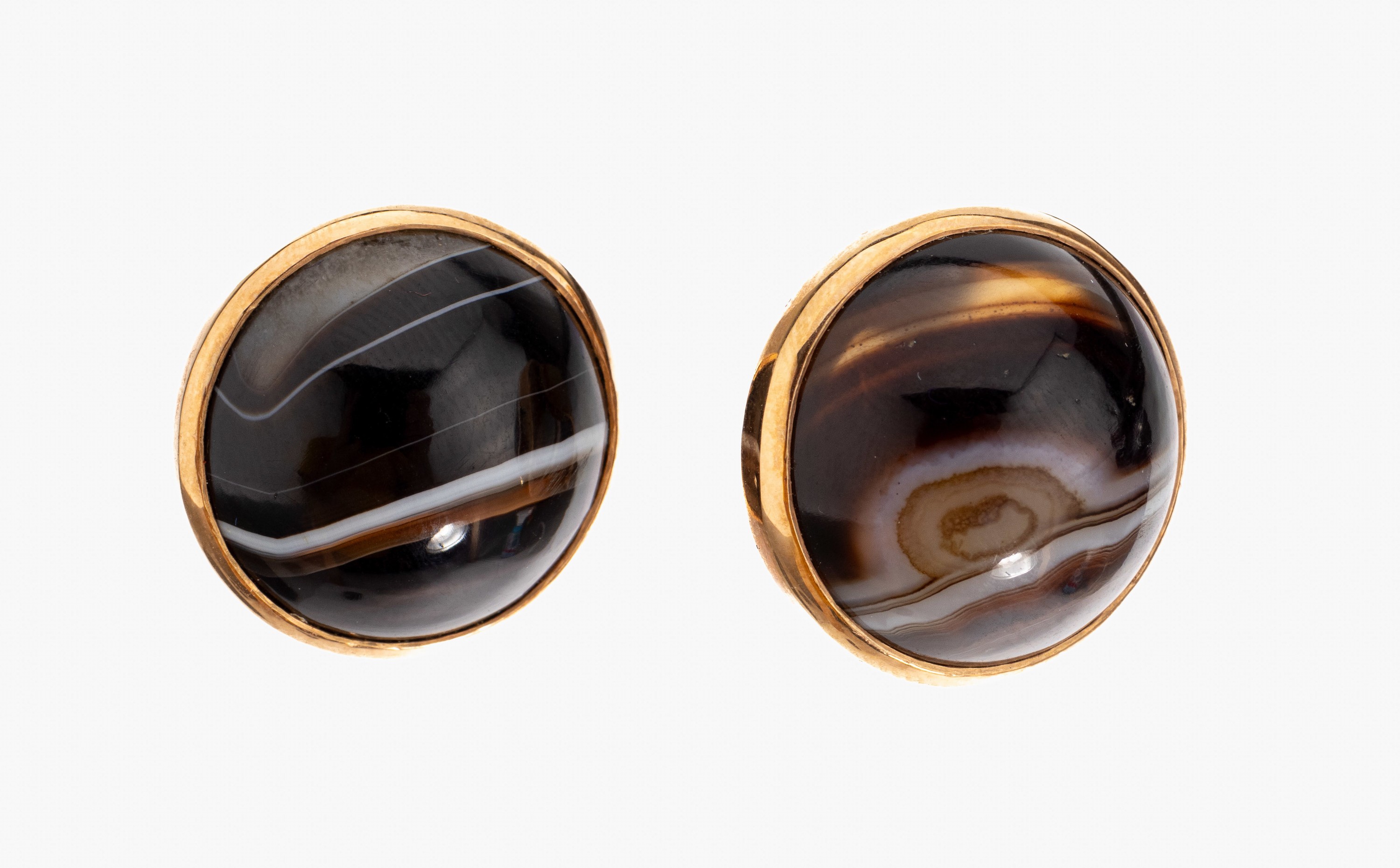 Paar 14 kt Gold Achat-Ohrclips, GG 585/000,jeweils mit einem runden Streifenachat- Cabochon, D. ca. 2 cm, ca. 21.7 g