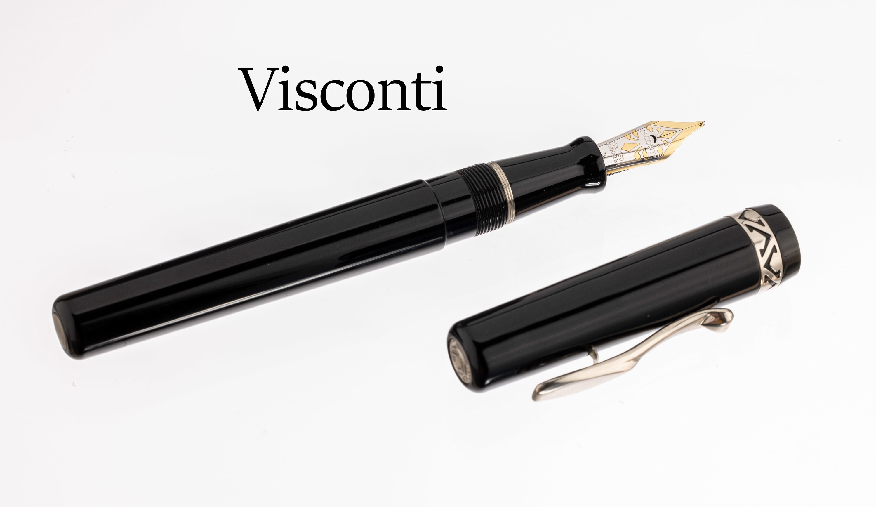 VISCONTI Füllfederhalter, schwarzes Celluloid, Kappe mit verziertem Ring, Feder 18 kt Gold, orig. Holzetui
