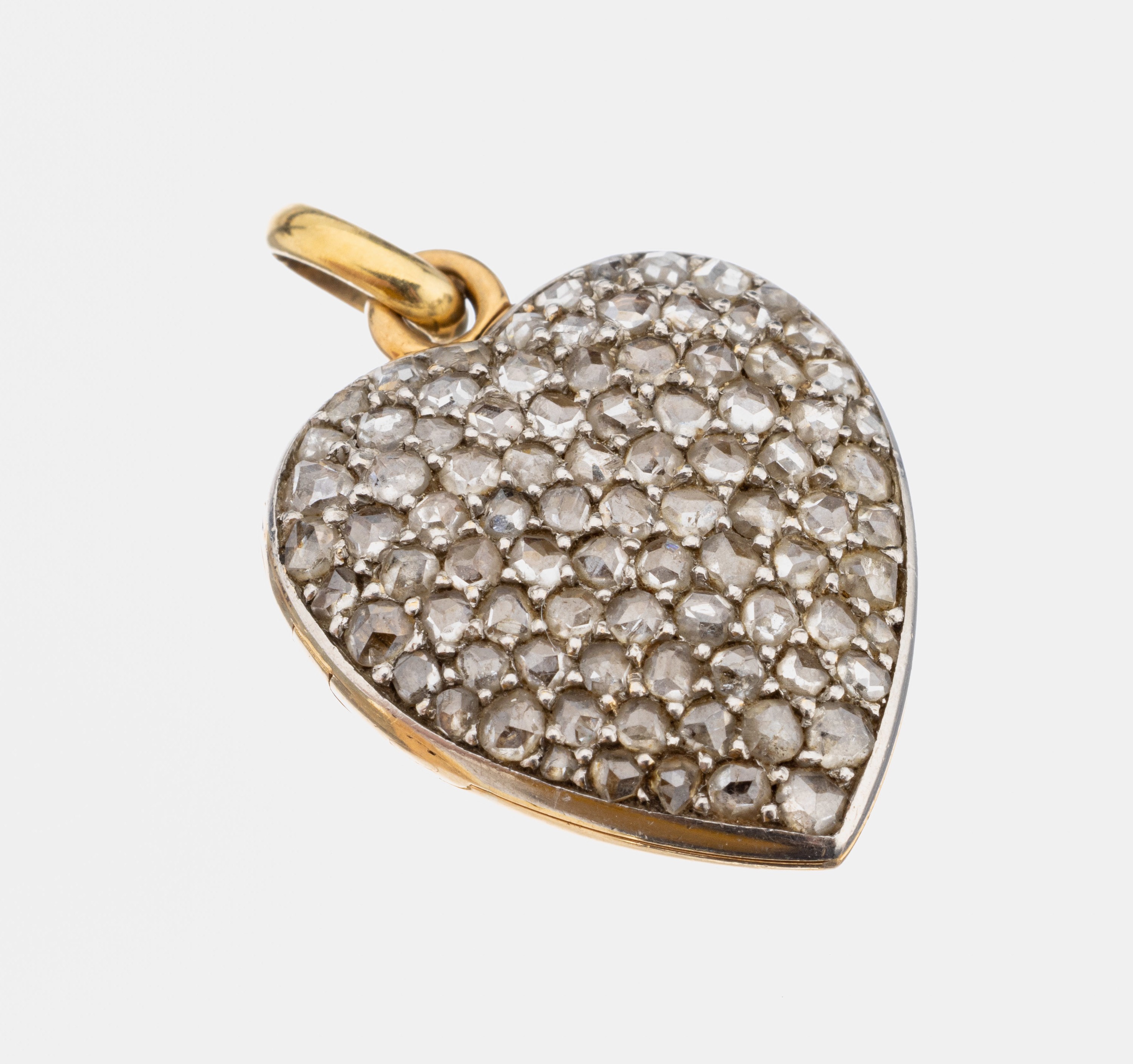 18 kt Gold Diamant-Medaillonanhänger, um 1890-1905, GG 750/000 gepr., Deckel aus Platin ausgefasst mit Diamantrosen zus. ca. 2.50 ct, aufklappbar, ...