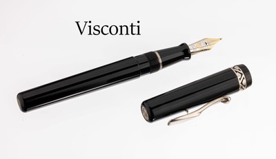 Image VISCONTI fountain pen, black celluloid, cape with ring, nib 18 kt gold, orig. wooden ...