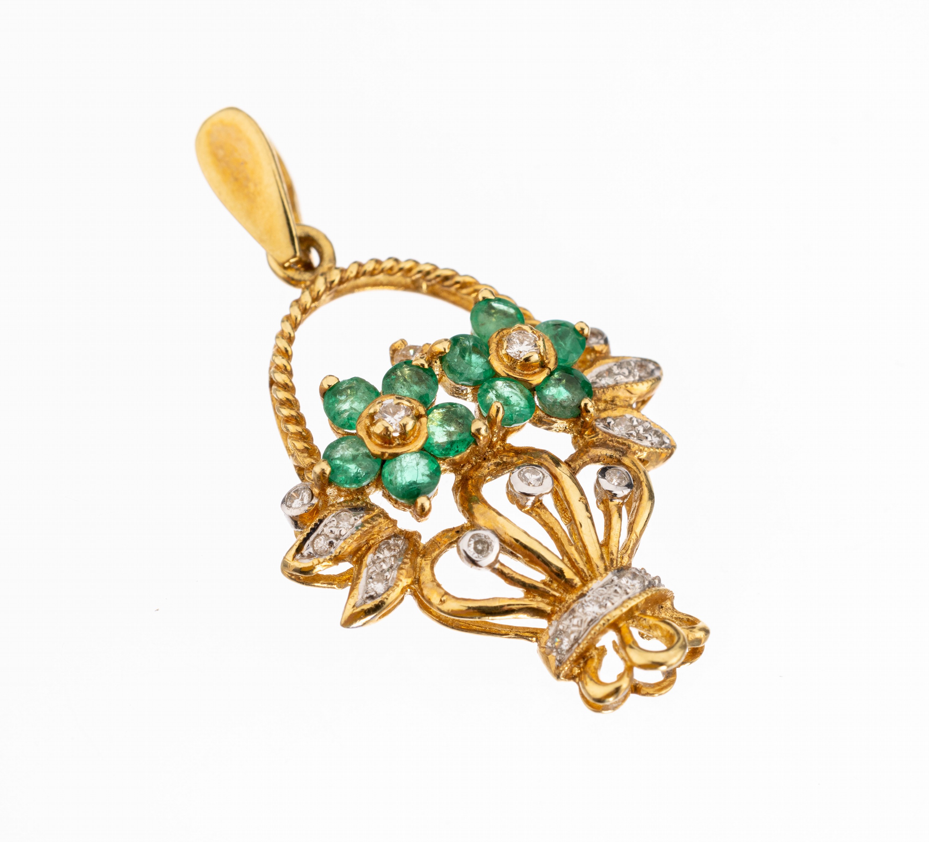 18 kt Gold Smaragd-Brillant-Anhänger, GG 750/000, Darstellung eines Blumenkorbs, Blütenblätter durch 10 rundfacett. Smaragde zus. ca. 0.25 ct, 20 ...