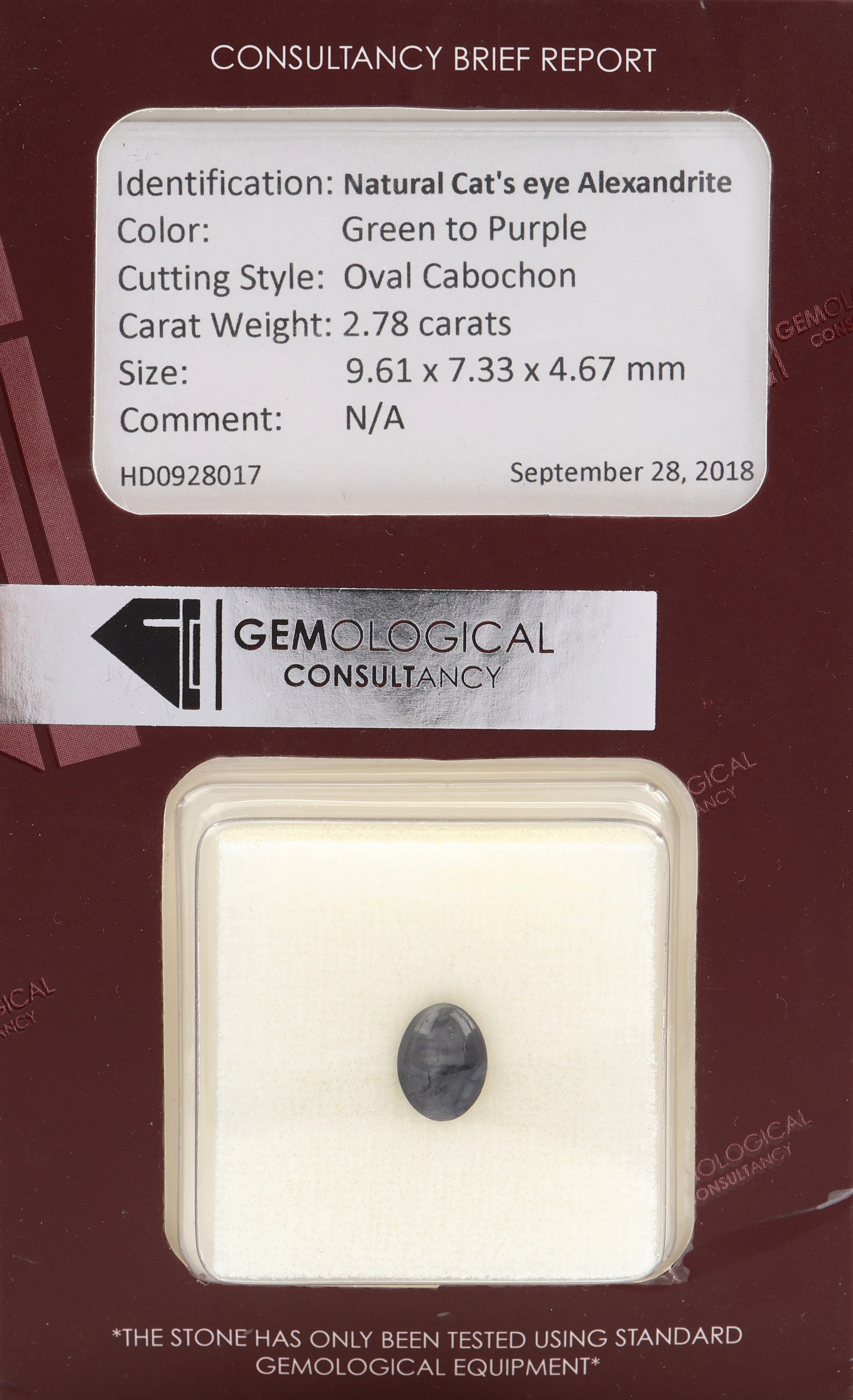 Loser natürlicher Katzenauge-Alexandrit, 2.78 ct, Grün zu Lila, 9.61 x 7.33 x 4.67 mm, mit GEM Report