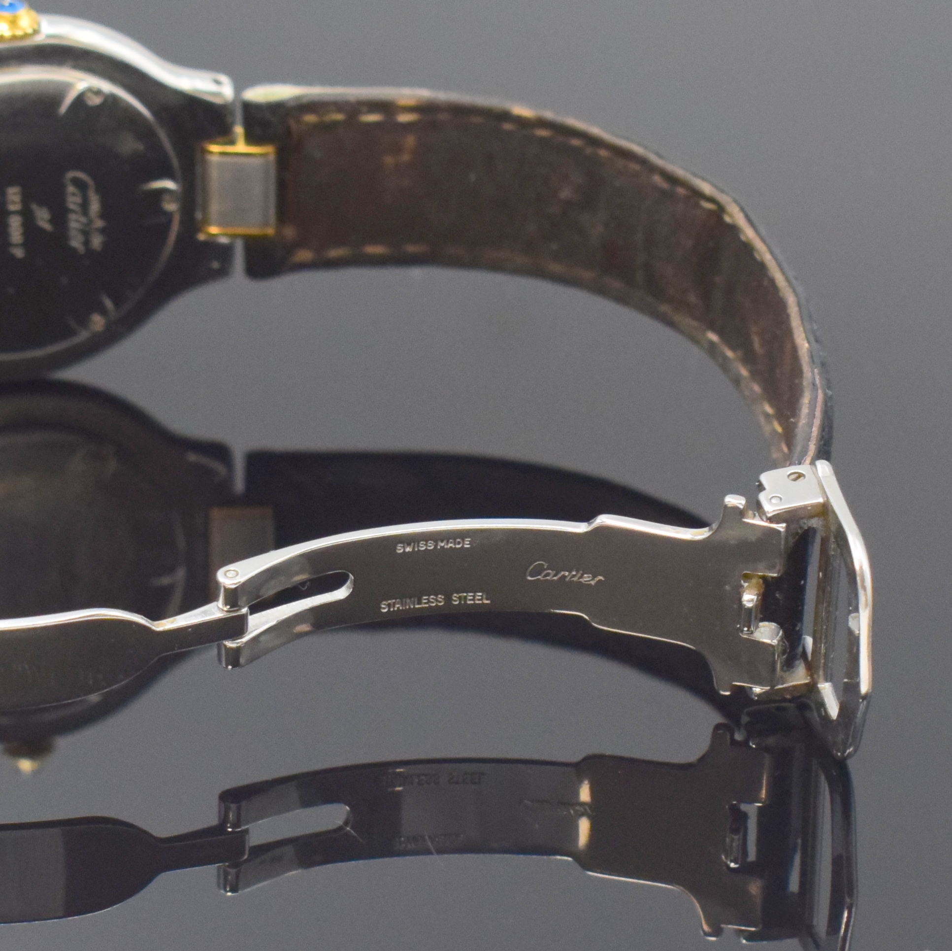 Detail b: CARTIER Linie 21 Damenarmbanduhr Referenz 123 000 P, Schweiz um 1995, z. T. verg. 2-tlg. Edelstahlgeh. inkl. Lederband (zu ern.) m. orig. Faltschl., ...