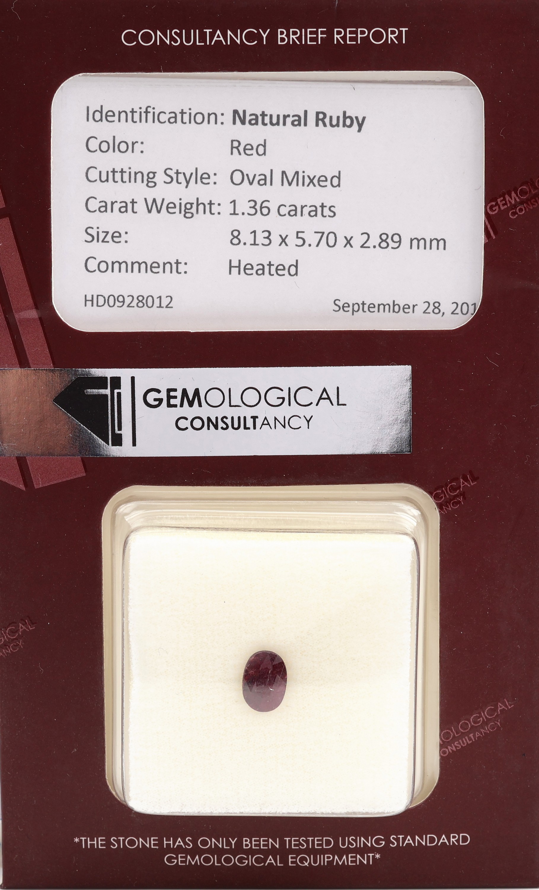 Loser facett. Rubin, 1.36 ct , oval, rot, 8.13 x 5.70 x 2.89 mm, (beh.), mit GEM Report