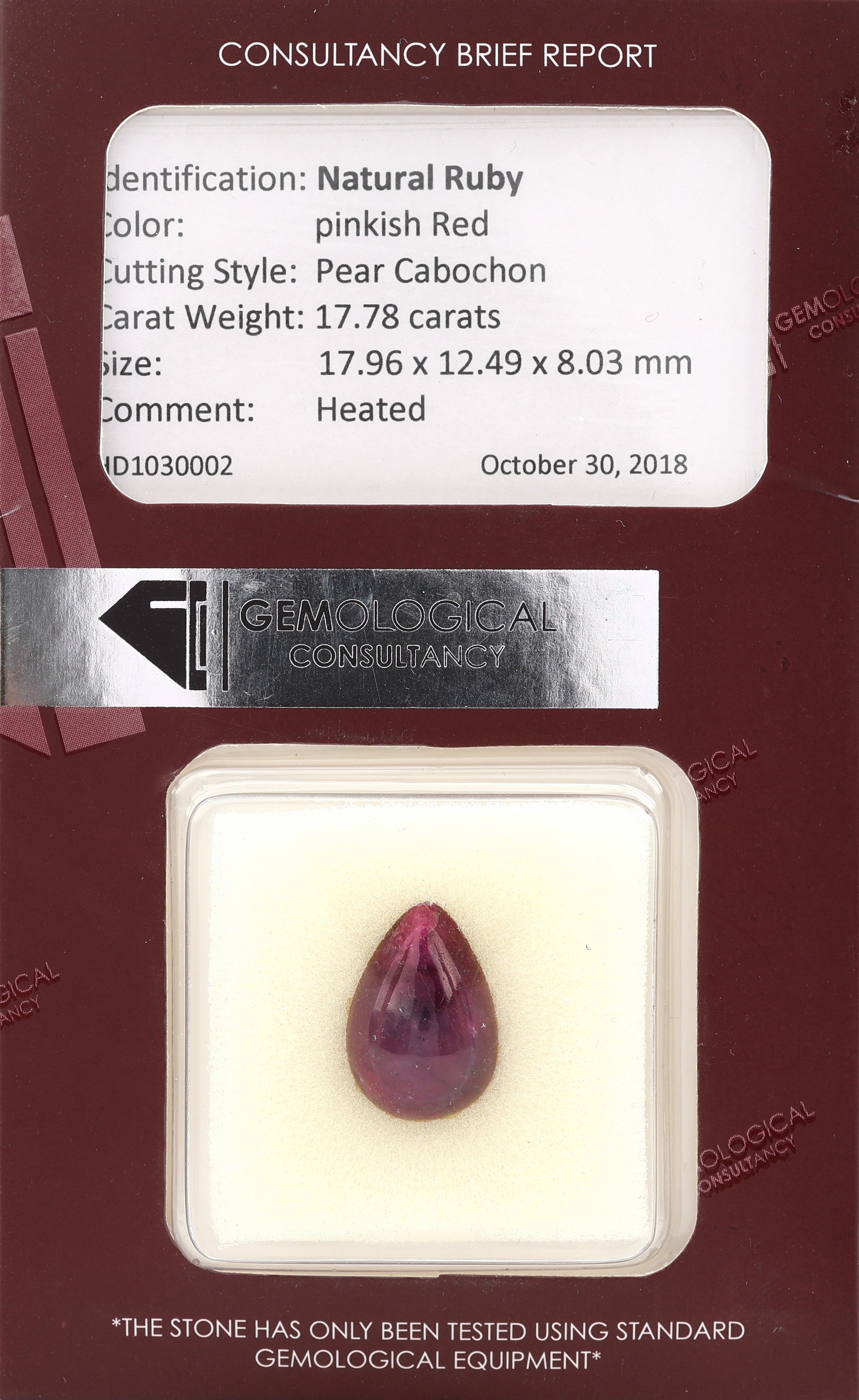 Loser Rubincabochon, 17.78 ct, Tropfen, pinkish red, 17.96 x 12.49 x 8.03 mm, (beh.), mit GEM Report