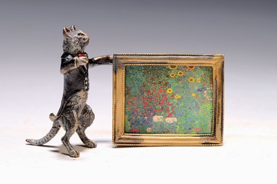 Image Viennese bronze, cat with painting after Paul Cezanne, signed Bergmann, colorfully ...