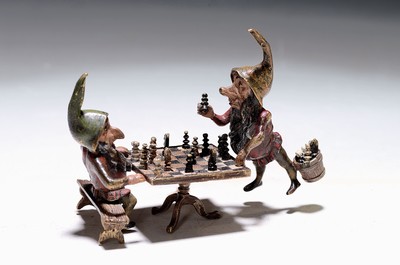 Image Vienna Bronze, dwarfs playing chess, sign. Franz Bergmann, colorful painted, 8.5x11x5.5 cm