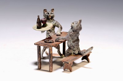 Image Viennese bronze, two cats at the table, signed, colorfully decorated, one cat as a ...