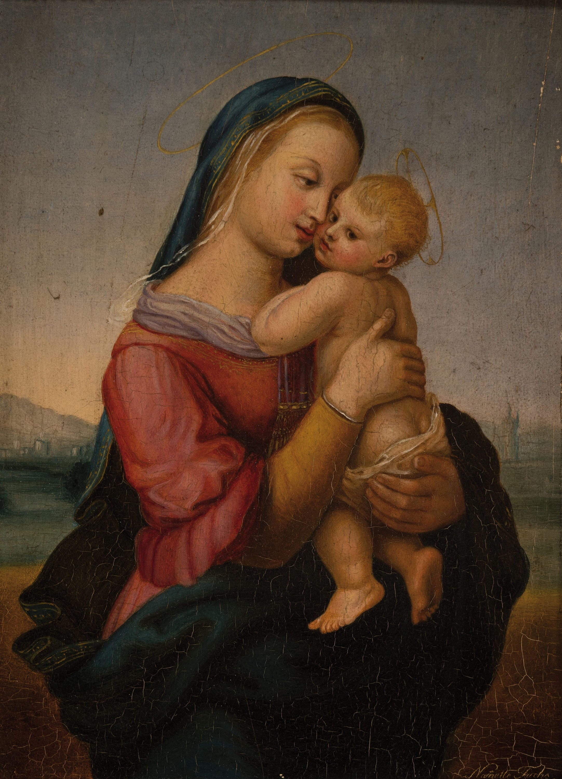 Nanette Fuchs, um 1810/15 Schwäbisch-Gmünd-? , Muttergottes im Stil der Nazarener, rechtsunten signiert und datiert 1837, Öl/Holz, 20x14 cm, ...