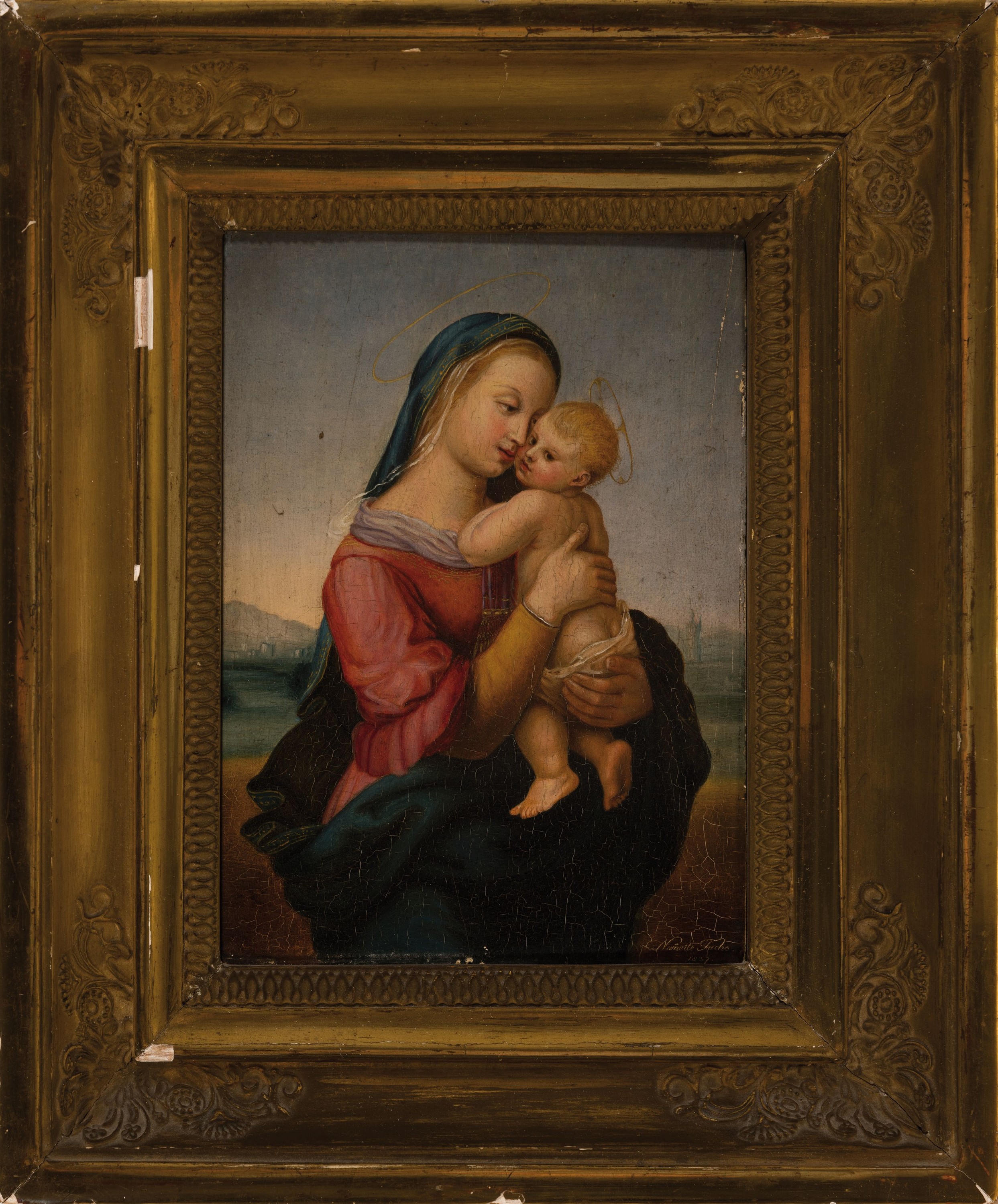 Detail k: Nanette Fuchs, um 1810/15 Schwäbisch-Gmünd-? , Muttergottes im Stil der Nazarener, rechtsunten signiert und datiert 1837, Öl/Holz, 20x14 cm, ...